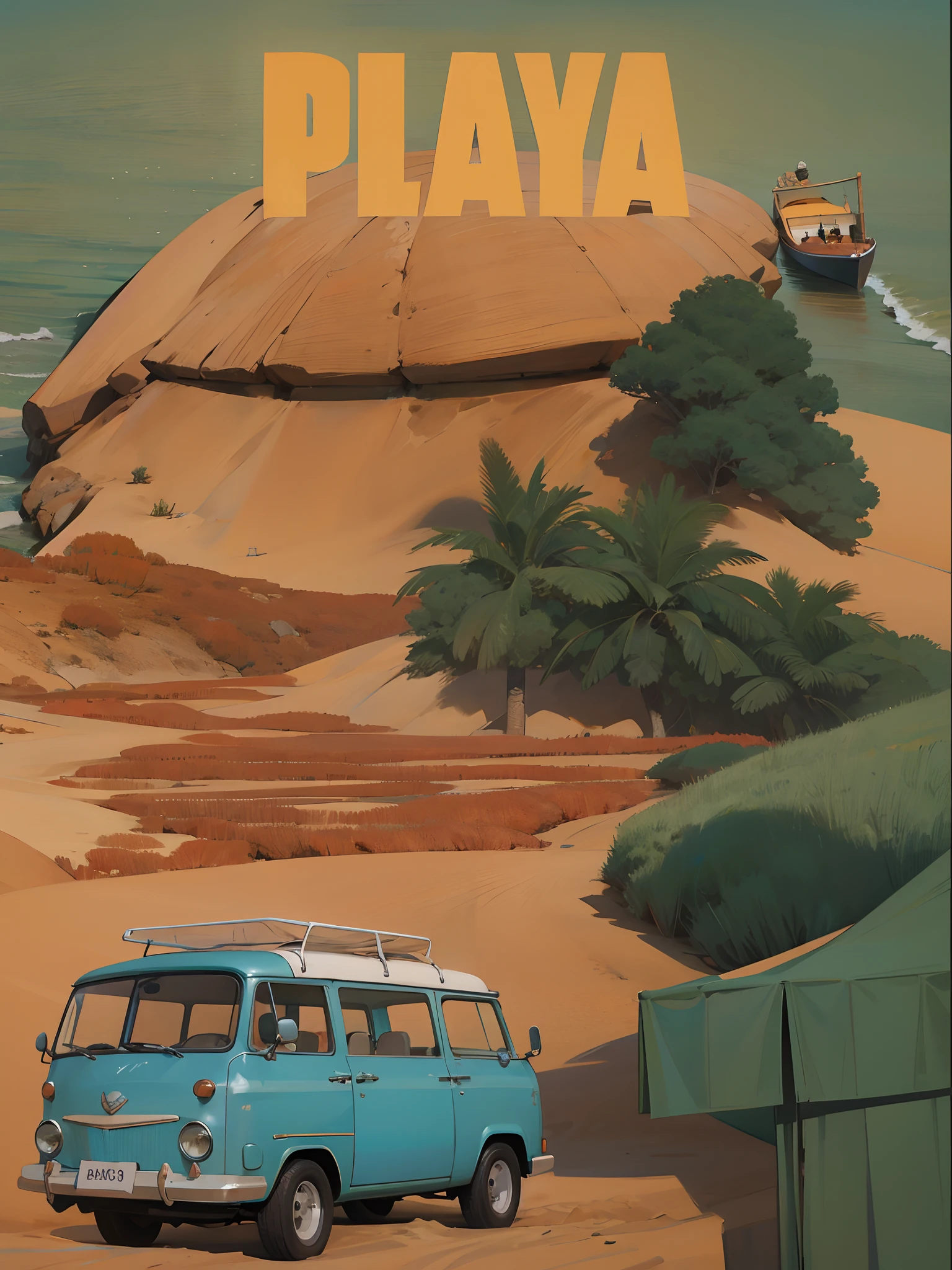 There is a blue van parked on the beach near a boat, cartaz de viagem, poster illustration, cartaz ilustrado, retro poster, baixo detalhamento. pintura digital, deserto plano, inspirado em Emiliano Ponzi, cover illustration, poster ; 夏天, detailed 2d illustration, full poster, A Praia Perdida, cor plana, cartaz promocional, digital illustration poster, 2d illustration