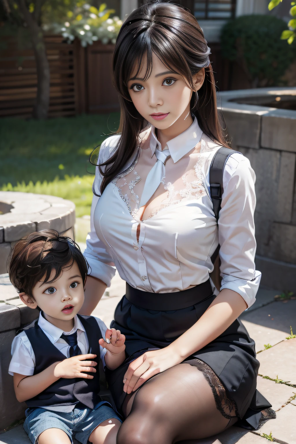 DDLC, Monica with her young son, sitting on lap, En plein air，Wearing lace underwear，