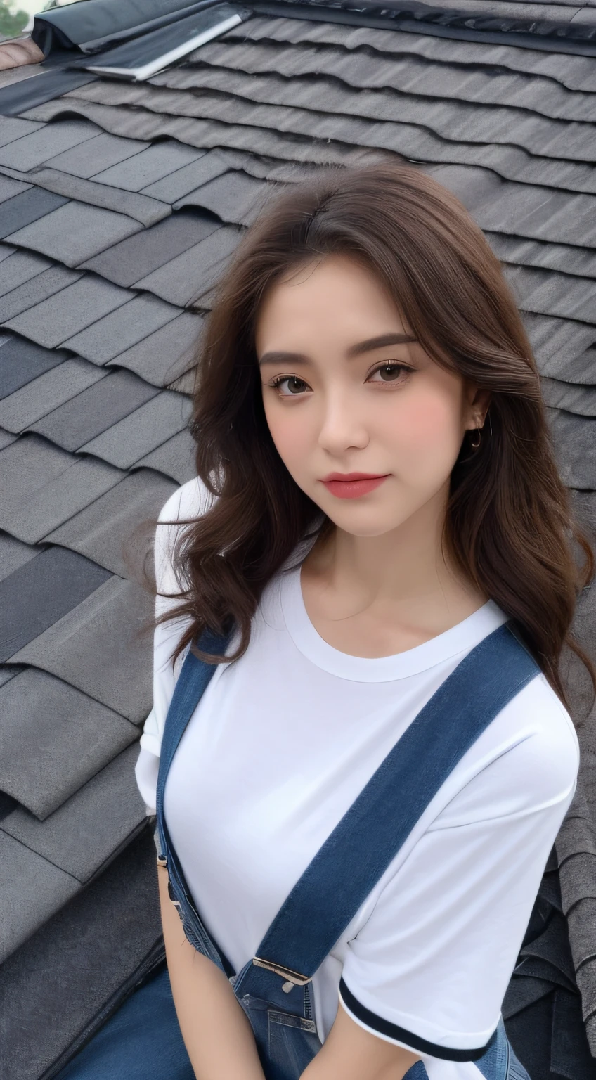 ((midynight, Need, 8k, tmasterpiece:1.3)), full bodyesbian, Long legs, Focalors:1.2, perfect figure beautiful woman:1.4, Slim abs:1.1, ((Dark brown hair, huge tit:1.2 )), (white tight t-shirt, Denim suspenders, standing on your feet:1.2), ((城市, the roof:1.3)), Highly detailed facial and skin texture, A detailed eye, 二重まぶた