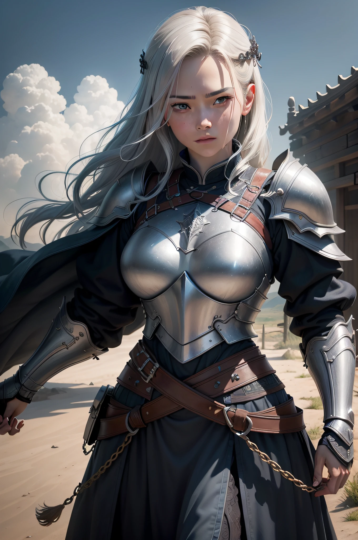 realisticlying,top-quality,tmasterpiece,cinematic compositions,slow motion,(Middle shot of the Chinese Ming Dynasty,Gloomy and weathered face,sbeard,whaite hair:1.2),Chain mail and plate armor,(Realistic and detailed|Complex armor:1.1),(Visible face:1.3),(Realistic physiognomy|The eye|irises|The skin|Muscle tissue,Detailed skins,skin textures,Natural skin),(Holding a sword in hand:1. 2), Frontal perspective,Imposing and firm posture,Look forward firmly,skin blemish,Natural skin wrinkles,Natural skin spots,Highly detailed clothes,rich details,intricately details,Realistic wrinkles in clothes,Medieval fantasy landscape,mostly cloudy sky,Battlefield in the background in the distance,Radiant illumination,deep shading,dramatic scene,Dark and cool tones,Blue and gray tones, There are no other characters in the scene,detail-rich|复杂,Detailed landscapes,Volumetriclighting,(Detailed lighting),(Detailed light reflection on armor:1.1),8k,highly details,UHD,HDR,Realistic Facial Expression|Hairstyles