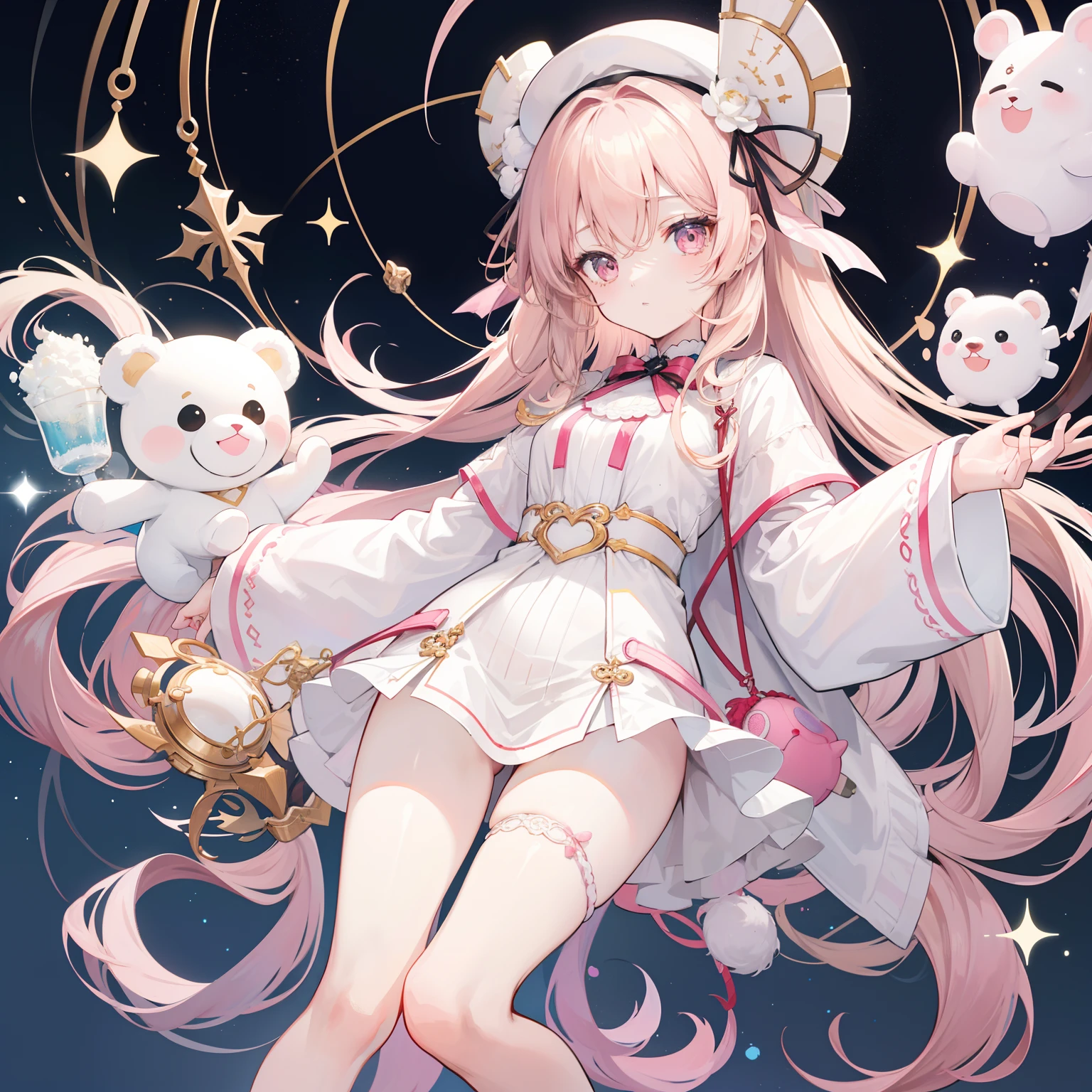 The title of Douluo Continent with multiple pale pink soul rings，It's Sister Lori，Light rice and cream white color scheme，light-brown long hair，baggy clothes，Known as the Muppet Bear Puppeteer，It's a cute and cute girl，