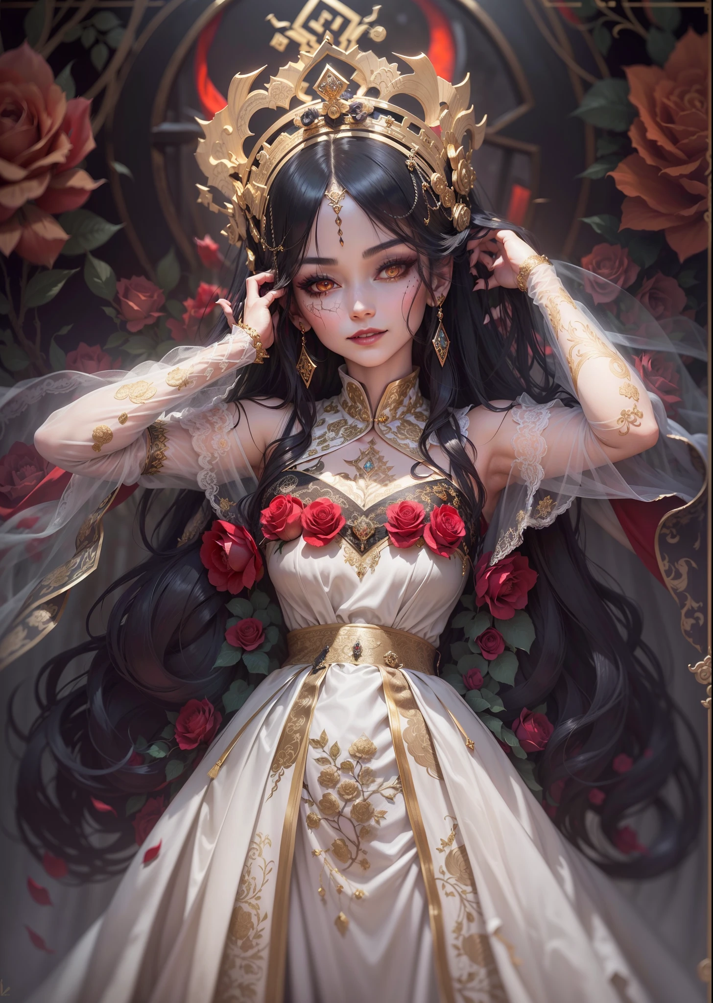 ((masterpiece, gothic sudectress detailed)), (dramatic), illustrations, solo, (original), (very detailed wallpaper), photographic reality, very detailed illustrations, (super-complex detail), (delicate face), perfect detail features, perfect detail, (super complex details), (best lighting), 1girl, (mid shot:1.3), ((traditional:1.5), (Chinese queen throne, gold intricate details, red roses:1.2), (vampire girl:1.3), (bedazzle:1.2), (ancient:1.1)), (long black hair:1.1), (sinister smile:1.2)(elaborate hair accessory), (dazzling jewelry),(foggy atmosphere), (mystical lighting:1.1), (HD rendering), (detailed textures), (fine brush strokes), (solo pose:1.1), (exquisite dress:1.2), (intricate embroidery:1.1),(beautiful makeup, deep mascara:1.2), (decorative hairpin), (tattooed hands),The Chinese vampire stood in the misty Queens lair, her long black hair flowing down her back. She was seductively dressed in an exquisite Lolita dress with intricate gold embroidery, and her ghoulish makeup made her look even more frightening. In her clawed hands, she held a decorative hairpin. The elaborate hair accessory and dazzling jewelry she wore enhanced her appearance. Dynamic cinematic lighting added to the atmosphere. The HD rendering and fine brush strokes brought out the intricate details and textures of her dress and the embroidery.