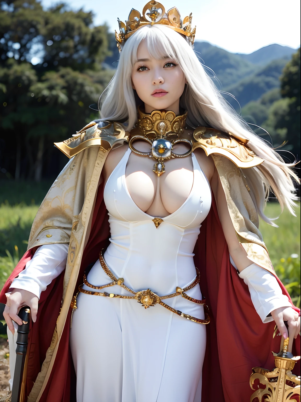 (masutepiece), Professional , masterpiece、top-quality、photos realistic , depth of fields (Gemstone White Metal Body:1.9),(Matte White、Jewel Gold Weapon(Jewel Metal Body:1.4),Gorgeous metal weapons ,(( Detailed and gorgeous sword of the brave)) , Beautiful knife ,warhammer 40k , adepta sororitas,Detail and ornate jewel crown、((Micro Bikini Armor))、((Gangle's forest background))、Beautiful Caucasian beauty、1a person、dynamic ungle,(((Detailed and ornate diamond crown)))、Smaller head、A smile、Background inside the castle、Thin and beautiful female hands、cleavage of the breast、Soldier in iron armor on background、Mystical expression、Light Effects、intense fighting、Wind-effect、magic circles、With the legendary magic wand、(wings of light)、Toostock、Toostock、
