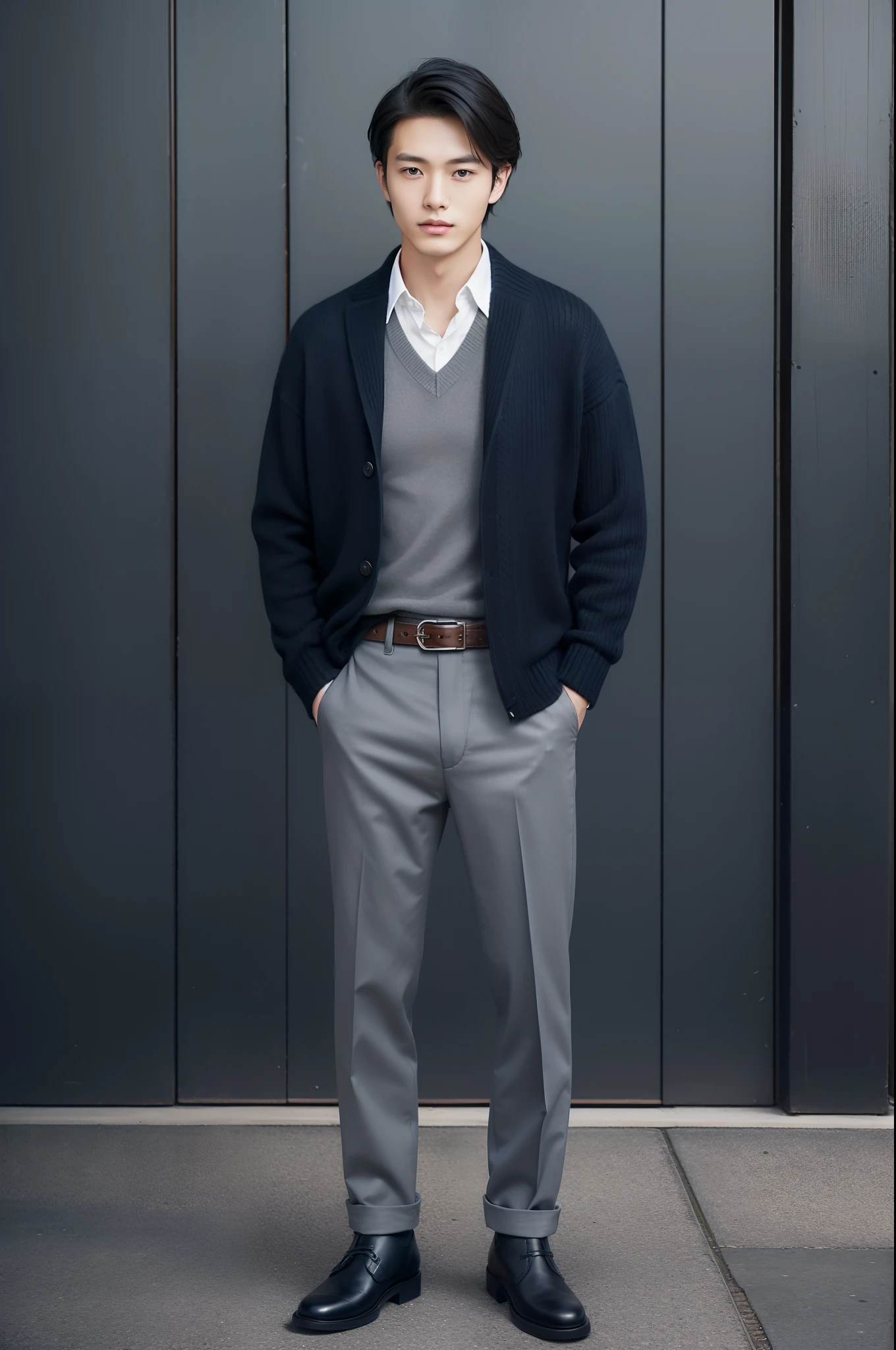 Smart casual style portrait of 20 year old Japan man、For autumn-winter。Ralph Lauren's dark blue wool sweater、Gray trousers、Black leather belt、Wearing black leather ankle boots。The look is cozy、Fashionable。Smart Casual Hairstyles、Short、With a neatly combed look、With a medium hold、Reflects his refined yet friendly personality。