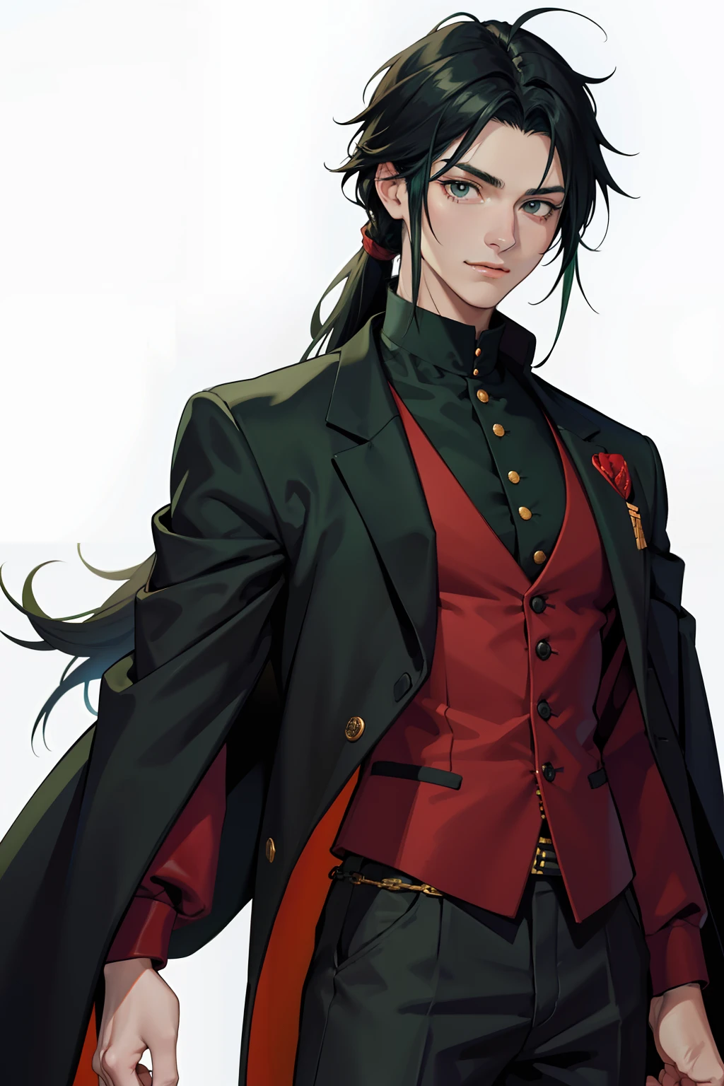 Androgynous, Gender neutral, anime style, (from front), cowboy shot, Portrait of a woman in her 20s, woan's, 28 years old, Standing, Hands down, ((green three-piece suit)), black hair, ((Looking at the viewer)), hair messy, shoulder length hair, pale skin, black eyes, mysterious, soft smile, mild smile, Game Graphics, White background