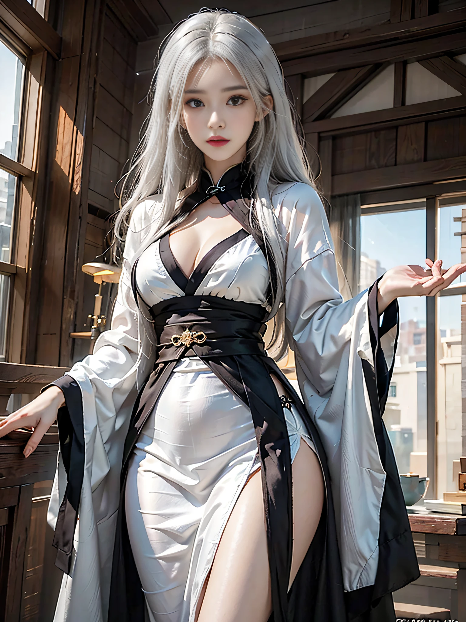 Photorealistic, high resolution, 1womanl, Solo, Hips up, view the viewer, (Detailed face), White hair, Long hair, taoist robe,Oversized clothes, jewelry, midjourney portrait