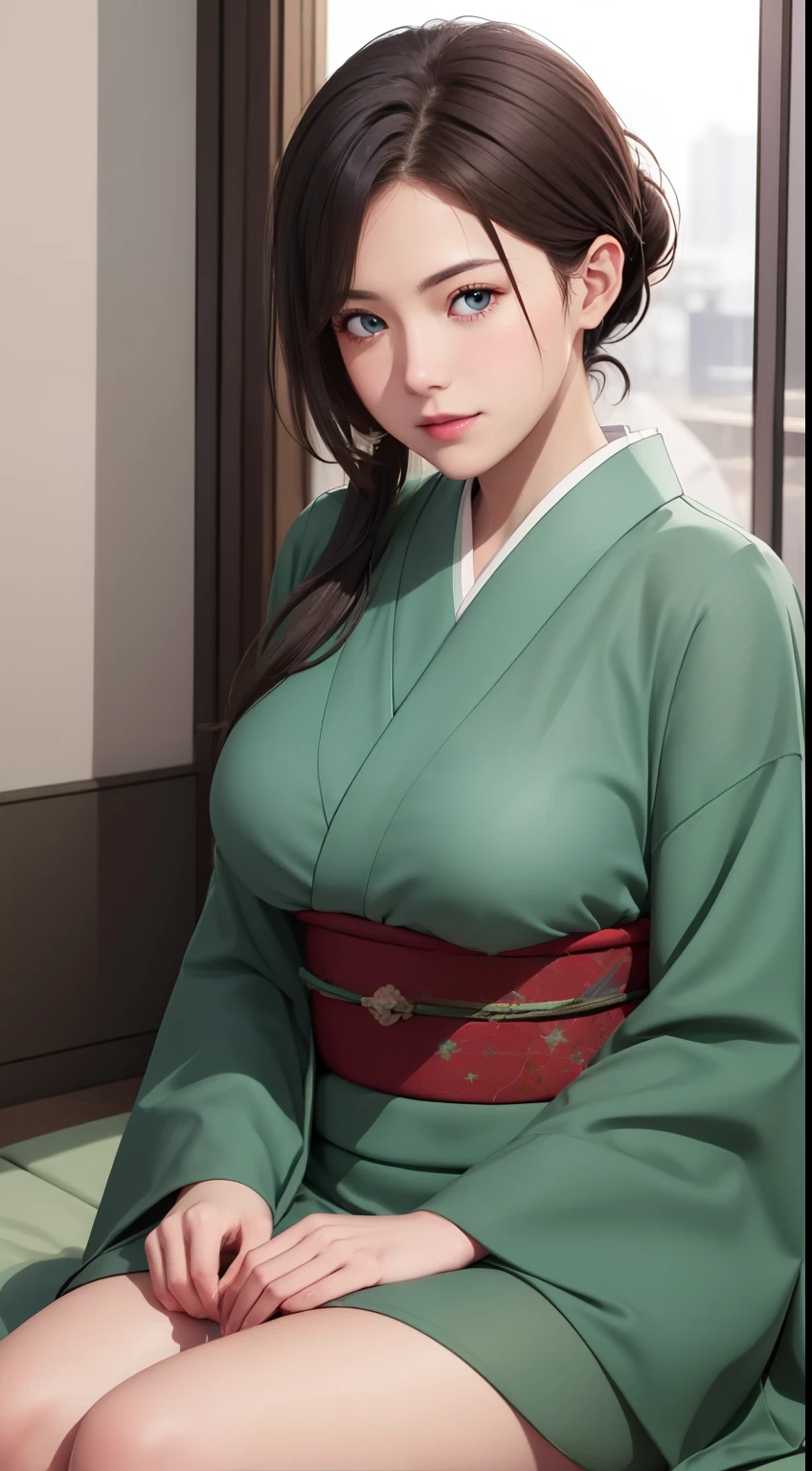 (Night:1.7), Japan, Tokyo, CityView, Before Window,
Standing at attention, Sitting on tatami,
Green_japanese clothes,kimono, yakata, 
 low_ponytail,brown eyes,brown hair, bangs,Hair_bun,
1 girl, 20yo,mature female,Beautiful Finger,Beautiful long legs,Beautiful body,Beautiful Nose,Beautiful character design, perfect eyes, perfect face,
looking at viewer, in the center of the image,
NSFW,official art,extremely detailed CG unity 8k wallpaper, perfect lighting,Colorful, Bright_Front_face_Lighting,
(masterpiece:1.0),(best_quality:1.0), ultra high res,4K,ultra-detailed,
photography, 8K, HDR, highres, absurdres:1.2, Kodak portra 400, film grain, blurry background, bokeh:1.2, lens flare, (vibrant_color:1.2)
(Beautiful,Large_Breasts:1.6), (beautiful_face:1.5),(narrow_waist),