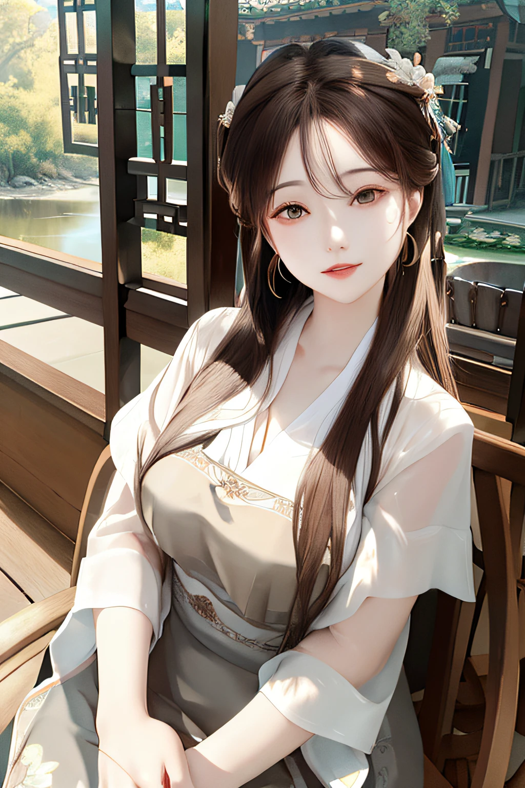 upper body, oil painting, masterpiece, best quality, highres, long brown hair, jewelry hairpin, breast, riverside and chair, sitting, song Dynasty, song clothing,