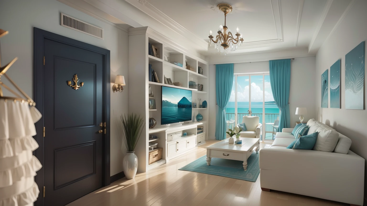 Ocean themed living room，Sailor style decoration，Decorative chandeliers