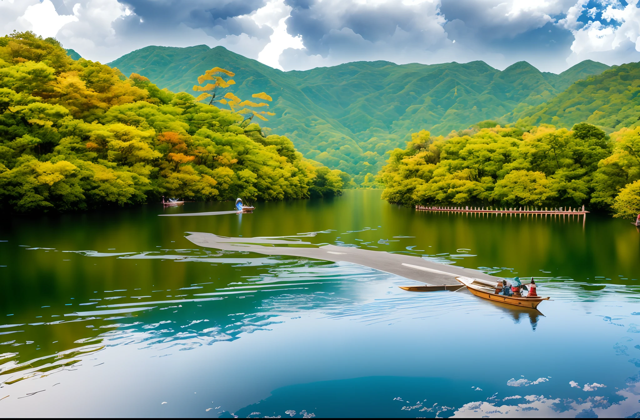 tmasterpiece，Ultimate quality，CG unity 8k wallpaper，Super delicate，Beautiful skies and clouds，The bamboo forest is deep，Cruise on the lake，Rich natural scenery，sheer cliffs，Lakes and rivers，Aoyama is beautiful，Nowhere to be seen，Excellent view，A long-won photo contest，Background bokeh，The depth of field is full，HDR high dynamics，True restore，iintricate，Attention to detail，Dramatic，The perfect presentation of Midjourney's artistic style。