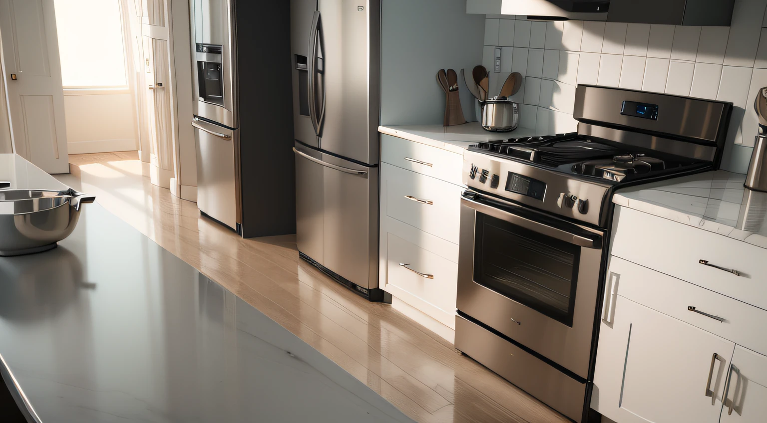 A high end kitchen partial(Cabinet renderings),Simple and bright, Right angle,The lens focuses on the cabinet, Grey brushed cabinets, Stainless steel pressure cooker(Curved waist)(White smoke is emitted from boiled food),Superb craftsmanship、Exquisitely, 3D modeling rendering