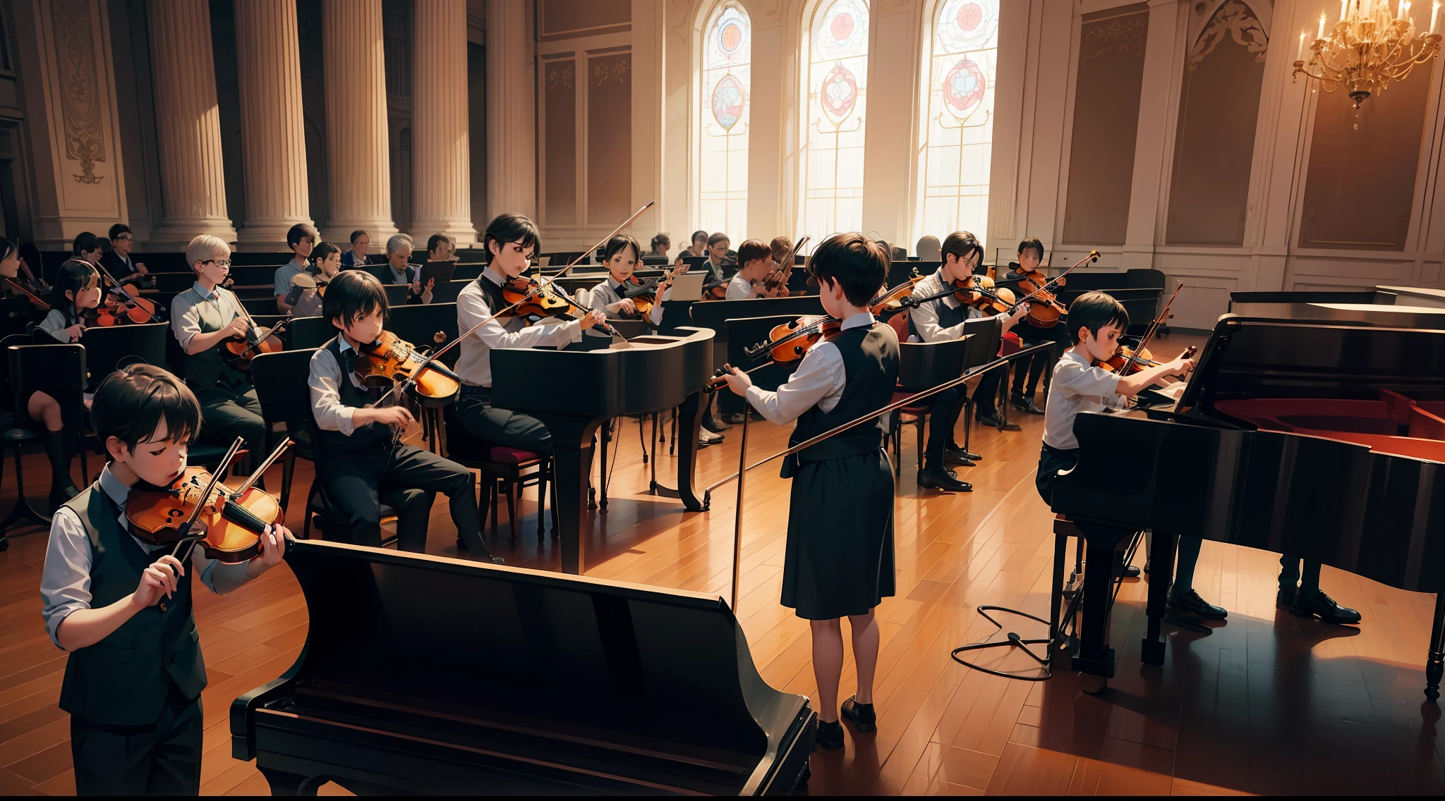 Inside the concert hall，A group of  boys，Playing the violin