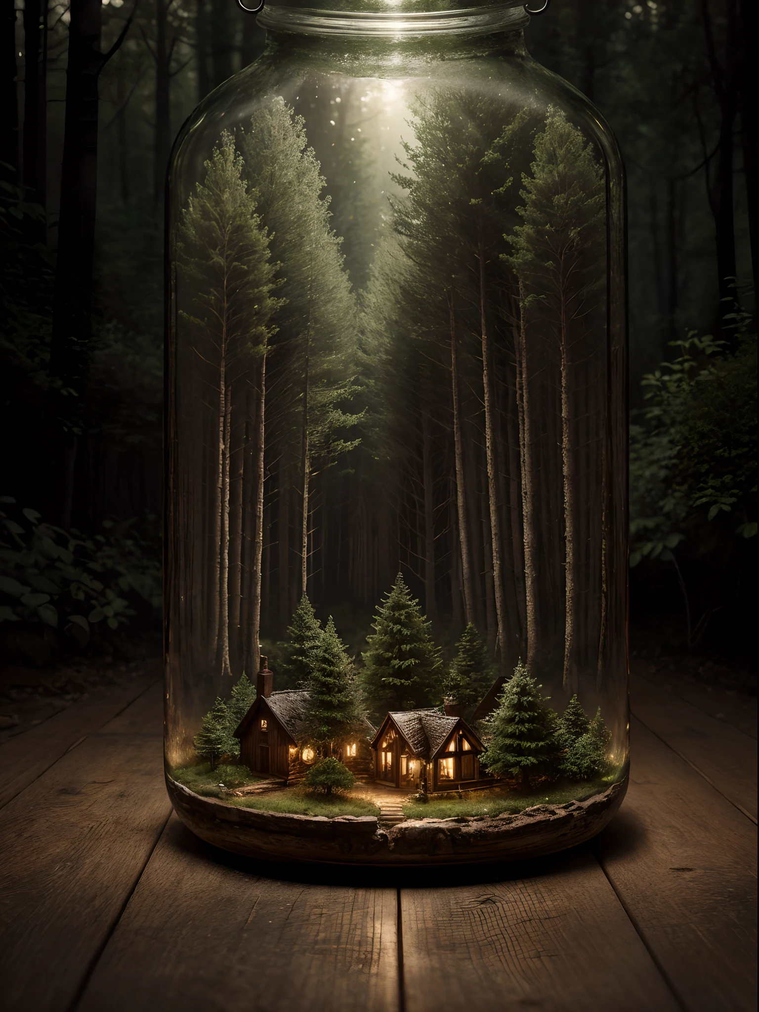 (An intricate forest minitown landscape trapped in a bottle), atmospheric oliva lighting, on the table, 4k UHD, dark vibes, hyper detailed, vibrant colours forest background, epic composition, octane render, sharp focus, high resolution isometric