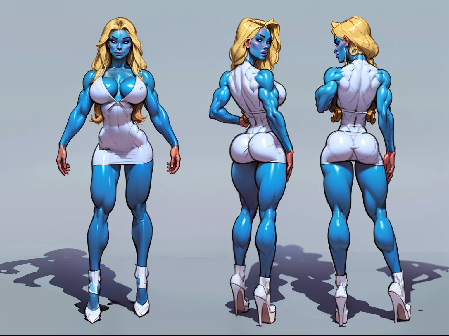 ((masterpiece)),(((best quality))),((character design sheet)), ((full body view)) illustration,1girl, muscular The Smurfs in background, ((blue skin:1.2)), Smurfette, light blonde hair, white dress ((detailed face:1.4)) blue woman, shiny skin, scribbles and marks, , rough sketches, pose, 8k,16k, (simple background, white background: 1.3)