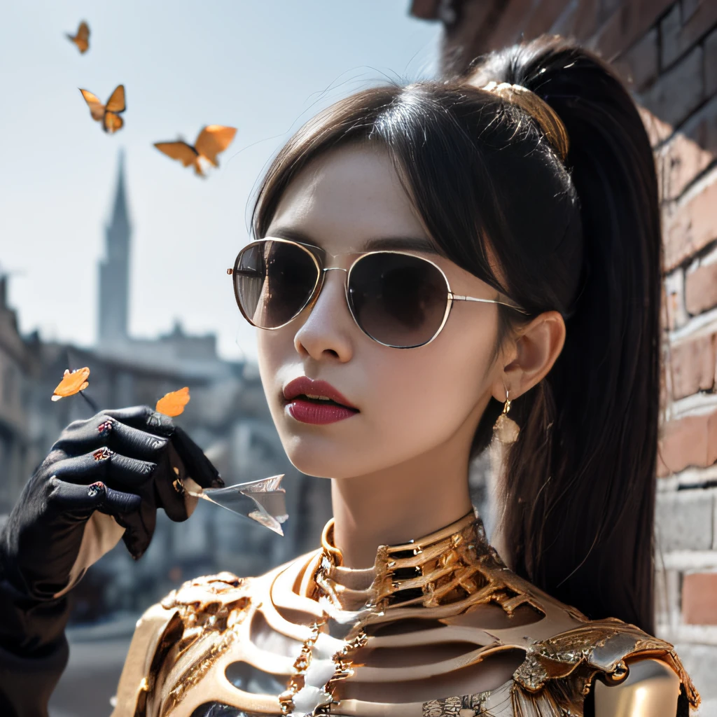 baton,Transparent wings,Magic wand,Wear thick gold-framed reflective sunglasses,32K(tmasterpiece,k hd,hyper HD,32K)Burgundy double ponytail,The Silver Skull Jewelry District in the backstreets,Indigo Skull King ,Skeleton protector (The skeleton is realistic:1.4),Skull pattern robe,Silver skull flower ornaments,Petals flutter,Colored ball head,Hold your head high,Be proud,The nostrils look at people, A high resolution, the detail, RAW photogr, Sharp Re, Nikon D850 Film Stock Photo by Jefferies Lee 4 Kodak Portra 400 Camera F1.6 shots, Rich colors, ultra-realistic vivid textures, Dramatic lighting, Unreal Engine Art Station Trend, cinestir 800,Hold your head high,Be proud,The nostrils look at people,Tsundere,Petals flutter,Petals flutter,Sprinkle with gold dust,Fluttering,Impeccable,( reasonable design, Clear lines, High sharpness,Best quality, Very detailed skeleton, The skeleton of a masterpiece, offcial art, movie light effect, 4K skeleton(((Wear thick gold-framed reflective sunglasses)))Transparent wings,(baton)(Baton in hand)(Giant stick)baton,