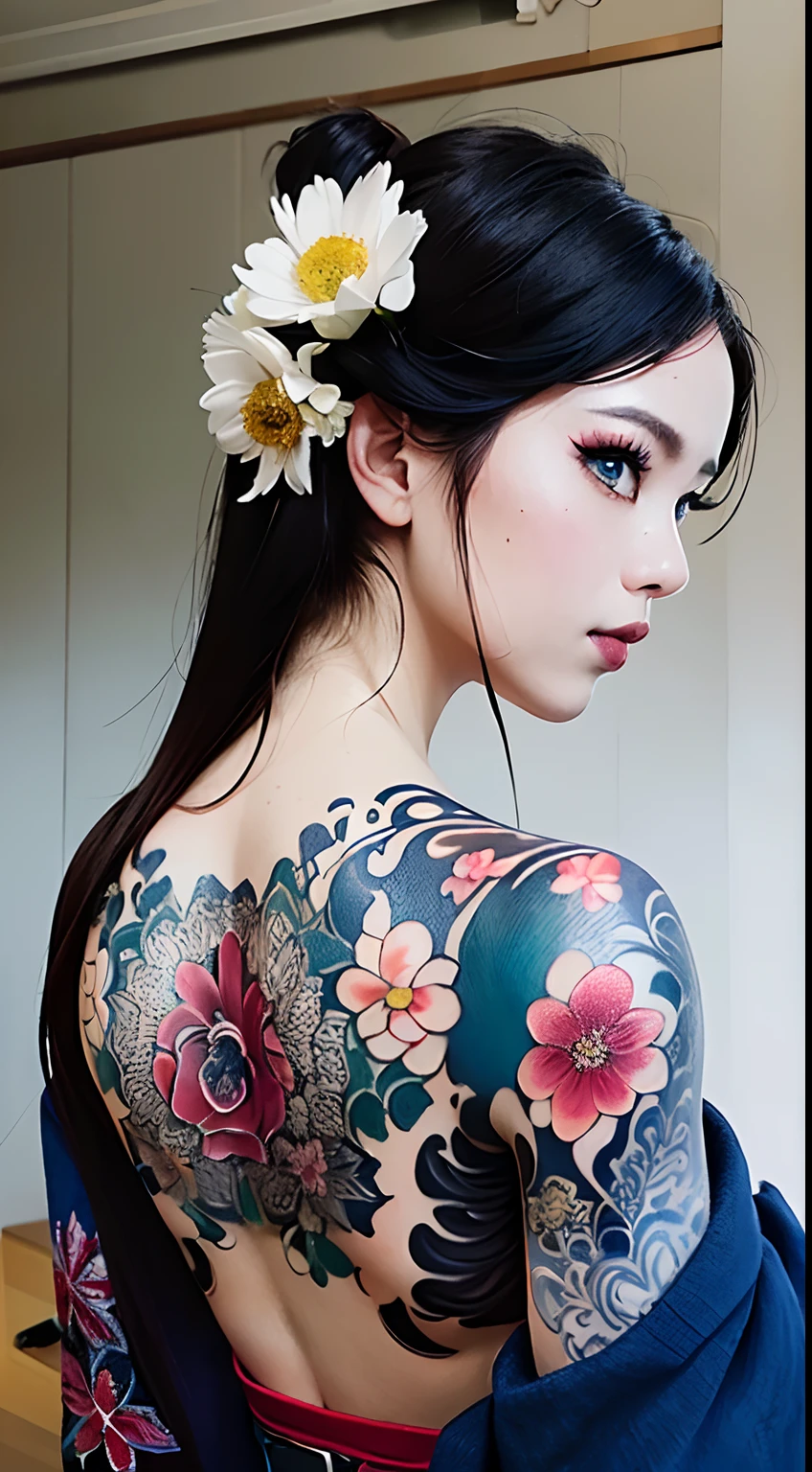 (masterpiece, top quality, best quality, official art, beautiful and aesthetic:1.2),1girl, tattoo, solo, japanese clothes,  hair ornament, unsheathing, black hair, sheath, back tattoo, blue eyes,  off shoulder, bare shoulders, looking back, from behind, flower, looking at viewer,  holding, makeup,
indoor,