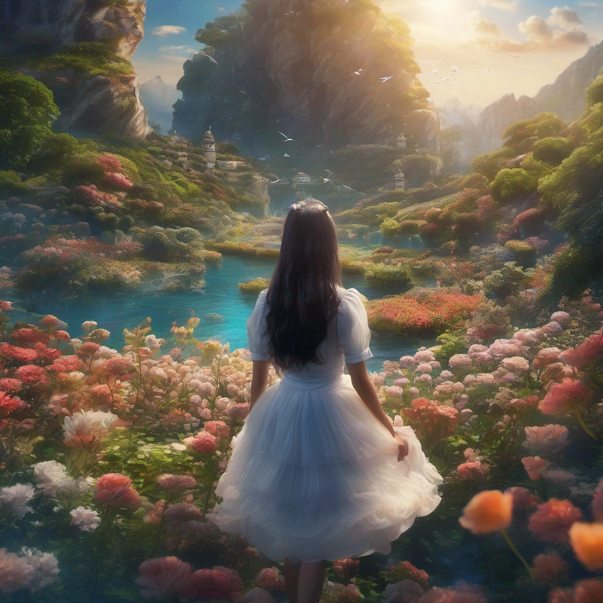 ccurate, best quality, masterpiece, UHD, high details, award winning, (Amazing:2.0), (Surrealism), Conceptual art, Verism, cinematic lighting, floating island in the sky, (((beautiful flower garden))), Horizon, blue sky, paradise scenery, flowers, wind flow, (((fantasy))), frontier, (magnificent space), blurry foreground, bokeh, Hasselblad, lens flare, beautiful school girl, (17 yr old), ((((full body)))), from behind, she moving, without looking at me, (((wearing school uniform))), black eyes, black hair, (floating hair), ((8 life size)), detailed hairstyles, detailed bodyline, anatomically correct, cute face, ((accurately portray her)),