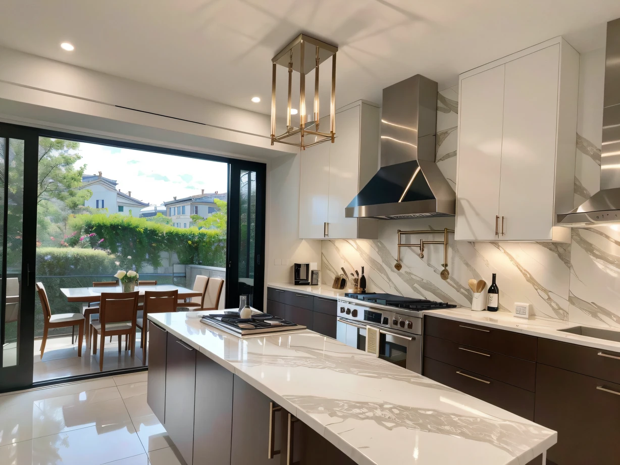，masterpiece, best quality，8k, ultra highres，Step into this sumptuous kitchen，You will be amazed by what you see。The whole space exudes a metallic texture，Marble countertops are lined with shimmering porcelain and delicate cutlery。In the center of the kitchen is a huge island，It is filled with all kinds of delicious ingredients，Exudes an enticing aroma。Next to the fireplace is a wine cabinet，The interior displays a wide range of premium wines and champagnes。Glass sliding doors to the terrace are open，Sunlight spills in，Reflect the exquisite appliances and modern kitchenware in the space。In this kitchen，You can show off your cooking skills，Enjoy cooking。