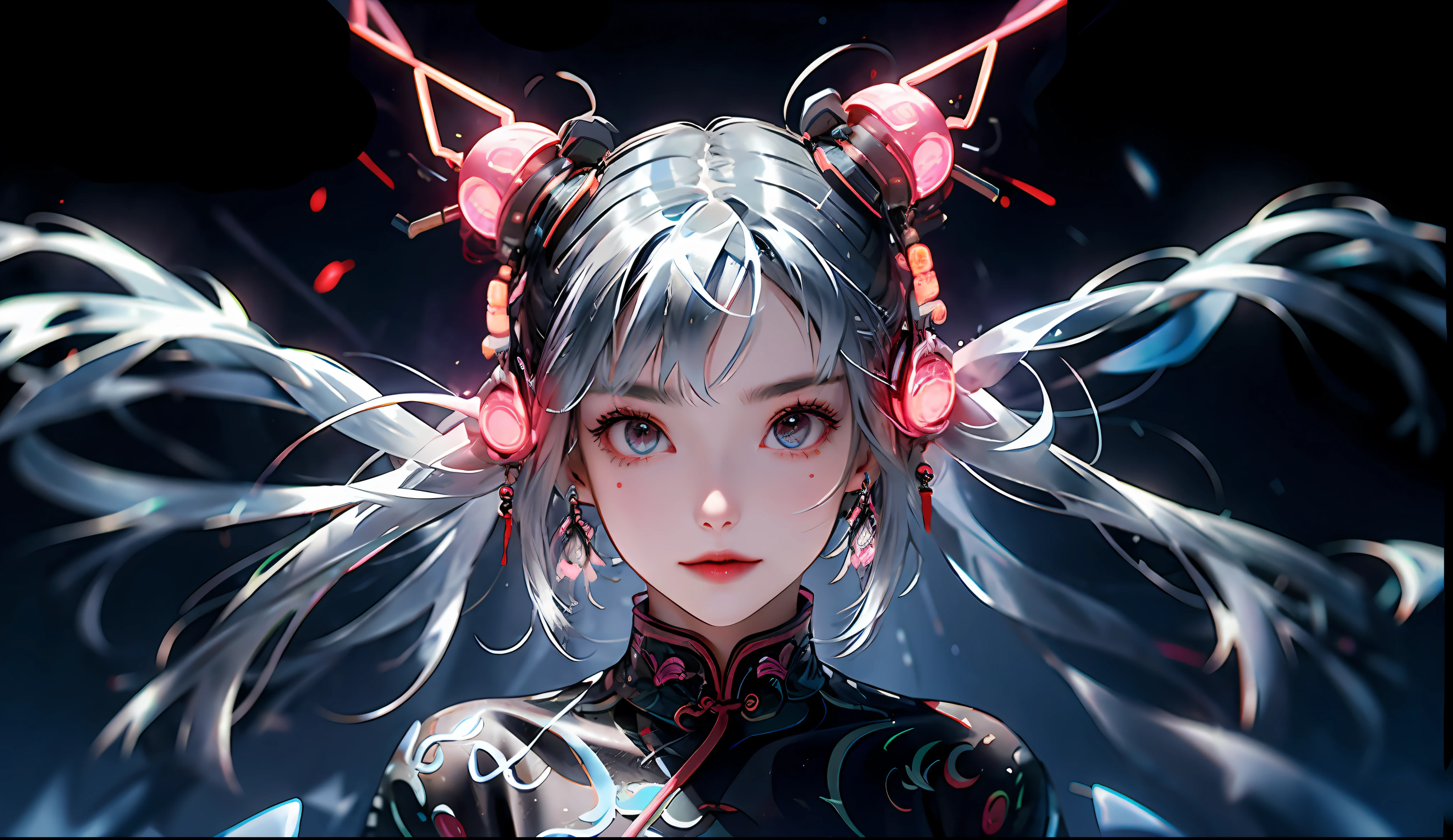 1 girl, Chinese_clothes, liquid silver and pink, cyberhan, cheongsam, cyberpunk city, dynamic pose, glowing headphones, glowing hair accessories, long hair, glowing earrings, glowing necklace, cyberpunk, high-tech city, full of mechanical and futuristic elements, futuristic, technology, glowing neon, pink, pink light, transparent tulle, transparent streamers, laser, digital background urban sky, big moon, with vehicles, best quality, masterpiece, 8K, character edge light, Super high detail, high quality, the most beautiful woman in human beings, smiling slightly, face facing front and left and right symmetry, ear decoration, beautiful pupil light effects, visual data, silver-white hair, hair is not messy, long hair over the waist, luminous electronic watch, deep eyes, happy, Chinese doodles