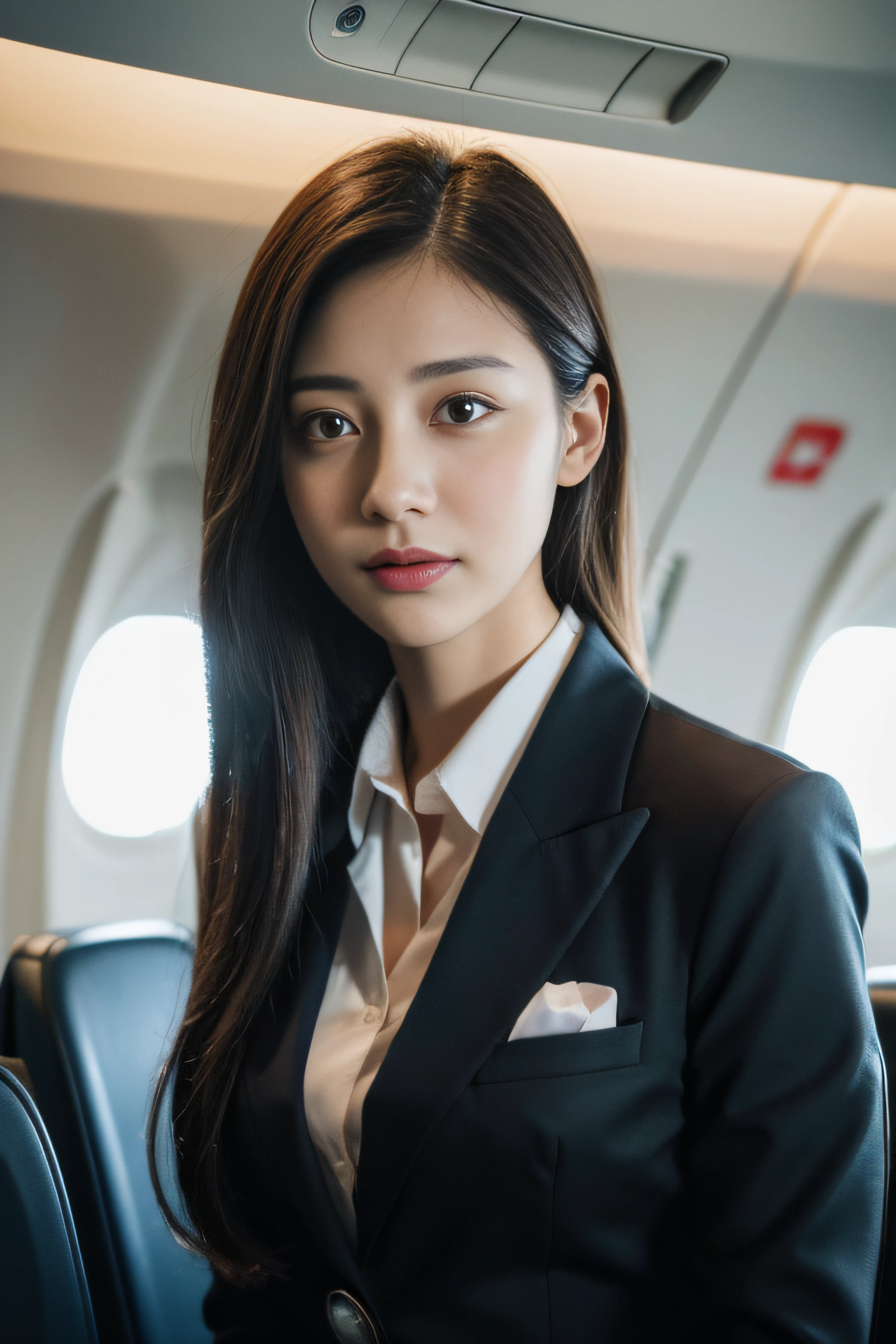 best quality, masterpiece, 8k, ultra high res, (photorealistic:1.4), highly detailed, intricate detail, delicate and beautiful, good lighting, professional lighting, sharp focus, detailed shadows, exquisite details and textures, depth of field, unity 8k wallpaper, cinematic composition, cinematic lighting, official art, Cabin Crew, flight attendant, black pantyhose, (aircraft, (Aircraft Corridor), Aircraft seats) beautiful elegant face, detailed face, detailed eyes, realistic hair, long hair, (1girl), (standing:1.3),