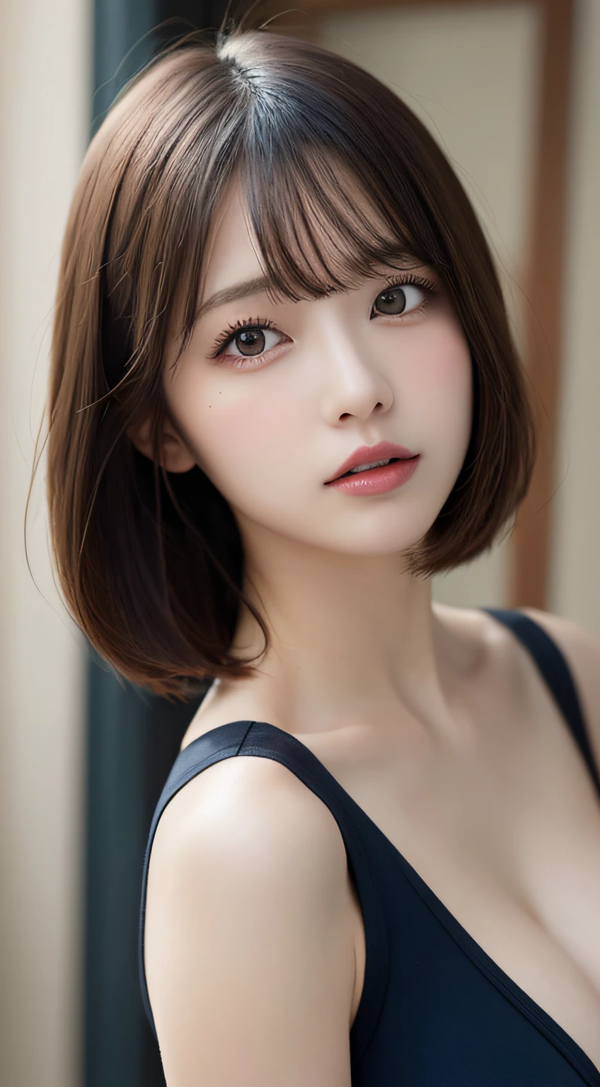 finely detail, hight resolution, hightquality、Perfect dynamic composition, Beautiful detailed eyes, Medium Hair, small tits、Natural Color Lip,Kamimei、Shibuya、20 years girl、1 persons、Transparent skin、Glowing hair、masutepiece, Best Quality, Illustration, Ultra-detailed, finely detail, hight resolution, 8K、The correct state of the human body、crouching down、Gravure Model Pose，Hair soaring in the wind