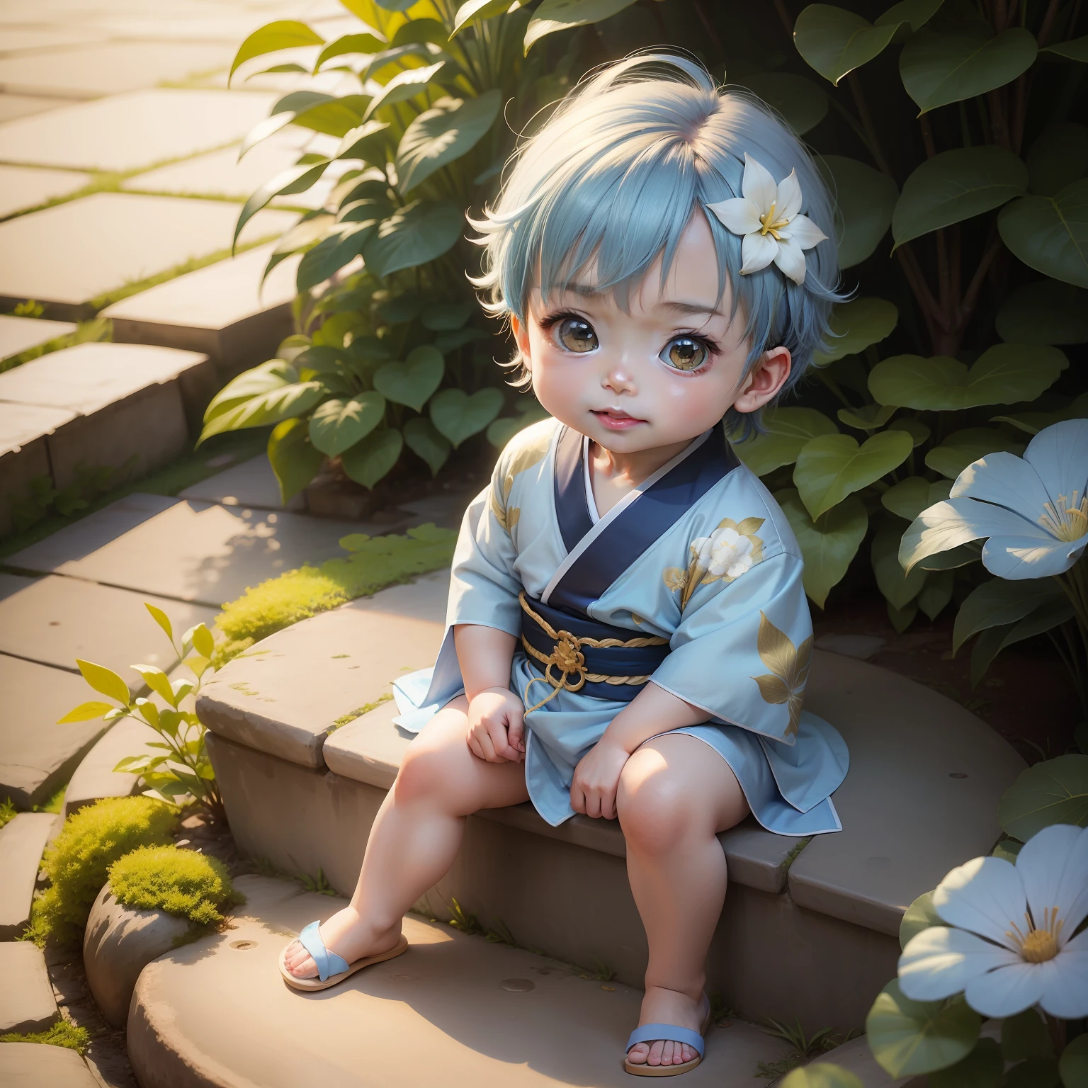 Cute  Chibi Anime,Blue, white and golden kimono.happy smail,Joaquin Antonio Uribe Botanical Garden.