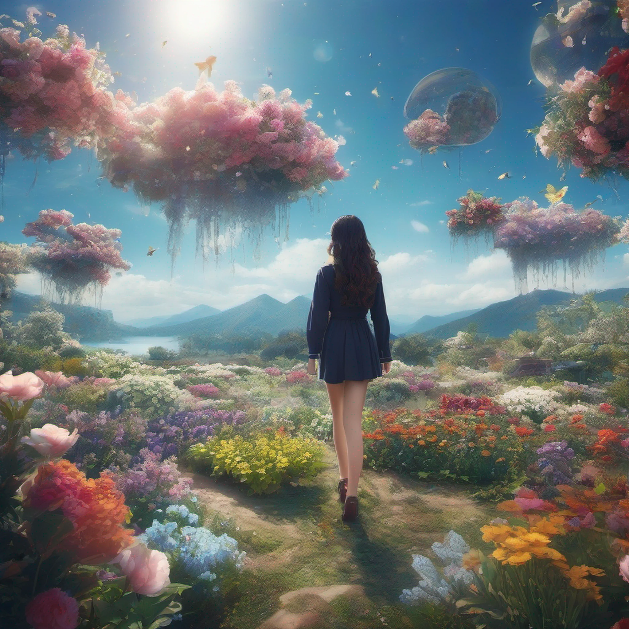 ccurate, best quality, masterpiece, UHD, high details, award winning, (Amazing:2.0), (Surrealism), Conceptual art, Verism, cinematic lighting, floating island in the sky, (((beautiful flower garden))), Horizon, blue sky, paradise scenery, flowers, wind flow, (((fantasy))), frontier, (magnificent space), blurry foreground, bokeh, Hasselblad, lens flare, beautiful school girl, (17 yr old), ((((full body)))), from behind, she moving, without looking at me, (((wearing school uniform))), black eyes, black hair, (floating hair), ((8 life size)), detailed hairstyles, detailed bodyline, anatomically correct, cute face, ((accurately portray her)),