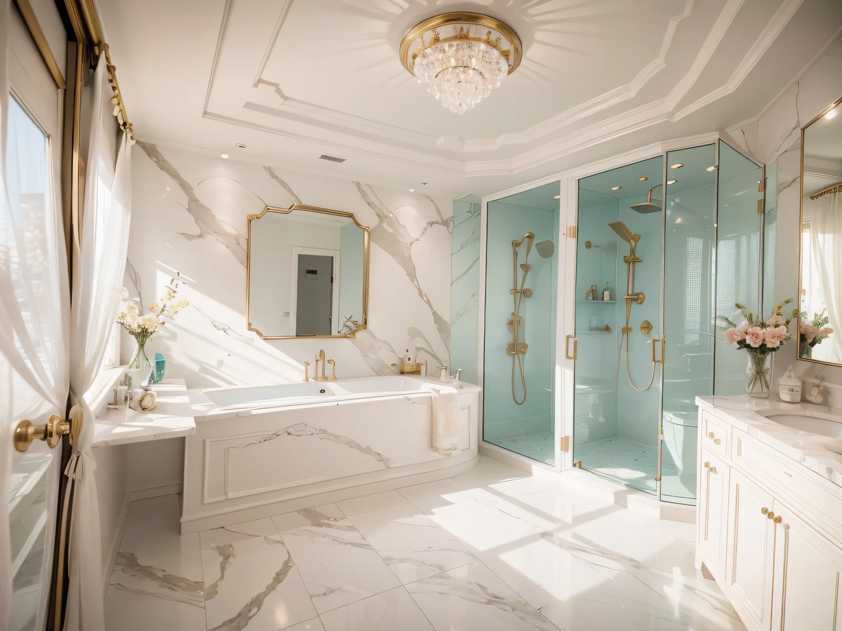,masterpiece, best quality,8k, ultra highres,Open the bathroom door,It's like entering a wonderland。The whole space is dominated by white,Light pours down from the skylight,Make the whole bathroom bright and warm。On the dressing table in front of the mirror is a range of high-end skincare products,It's embellished with crystal jewelry and a pearl necklace。The bathtub is made of marble,Delicate scented candles are placed around,There is a faint floral scent in the toiletries。In the shower room,The petals fall with the water,It creates the feeling of being in a sea of flowers。In this bathroom,You can relax,Enjoy a bathing experience of the wonders of water。