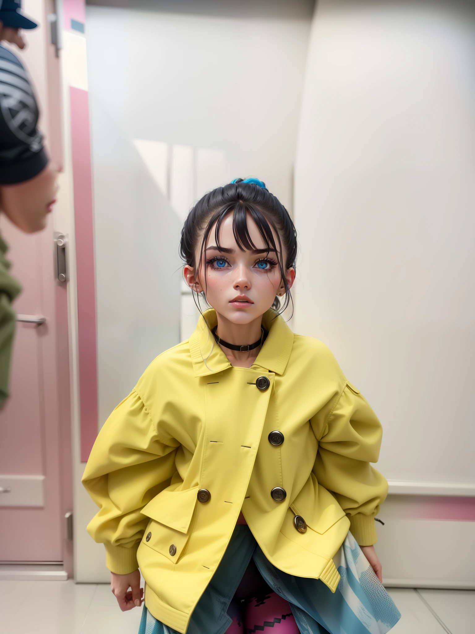 'Close-up doorman pretty girl, Peeling hair, Blue eyes, Wear modern fighting clothing, Ultra photo realsisim, Pastel colors, Complementary colors, pastelcolor, Vibrant colors, Dramatic colors, vaporwave, retrowave, Black and white, extremely colorful, Atochrome, Highly detailed, 4k'