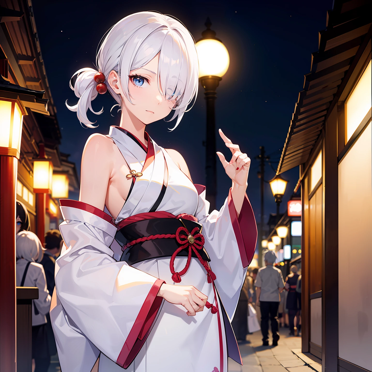 A girl,White hair,eBlue eyes,,(()),Medium hair,Japan architecture,komono,the night,Summer Day Festival,，（(hair on one eye:1.4)）,，flatchest，Face only，Thin,