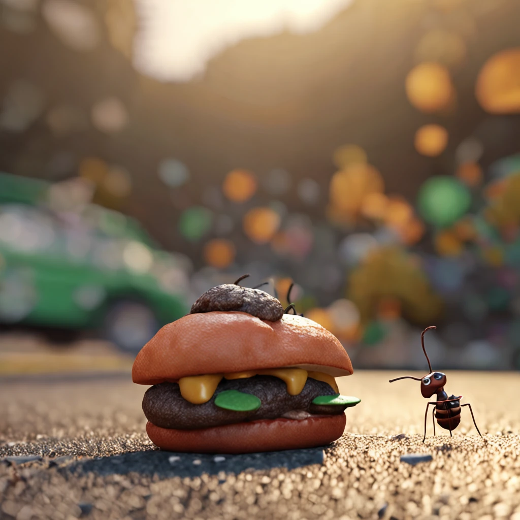 There was an ant and a burger on the road，There is a burger on the road，Ants walking on the road，Dreamy light，Low-angle lens shooting，photorealistic cinematic render, Cinematic 3D rendering, realistic cgi render, Depicted as a 3D rendering