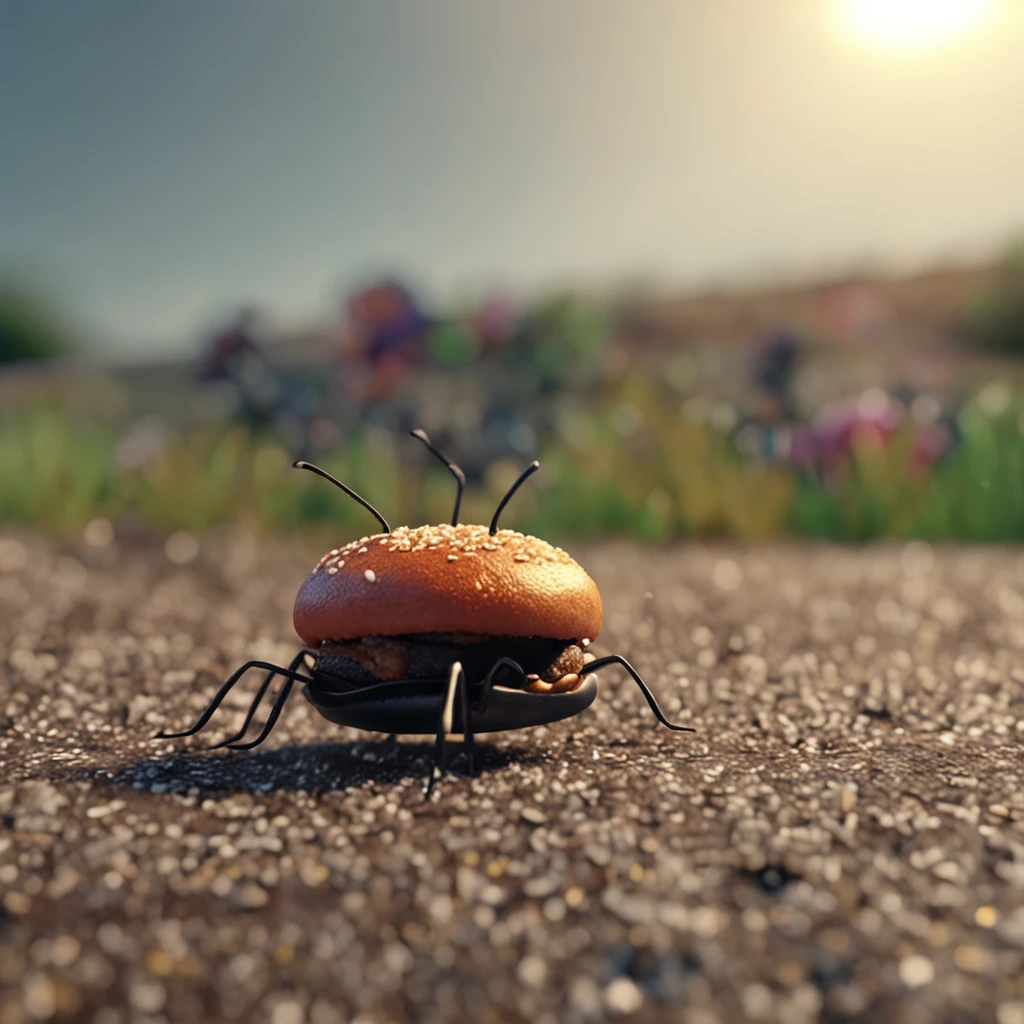 There was an ant and a burger on the road，There is a burger on the road，Ants walking on the road，Dreamy light，Low-angle lens shooting，photorealistic cinematic render, Cinematic 3D rendering, realistic cgi render, Depicted as a 3D rendering