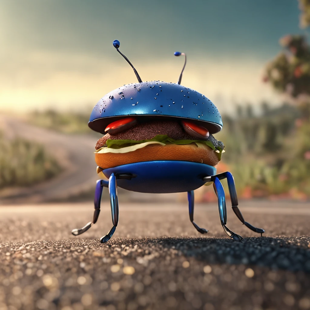 There was an ant and a burger on the road,There is a burger on the road,Ants walking on the road,Dreamy light,Low-angle lens shooting,photorealistic cinematic render, Cinematic 3D rendering, realistic cgi render, Depicted as a 3D rendering