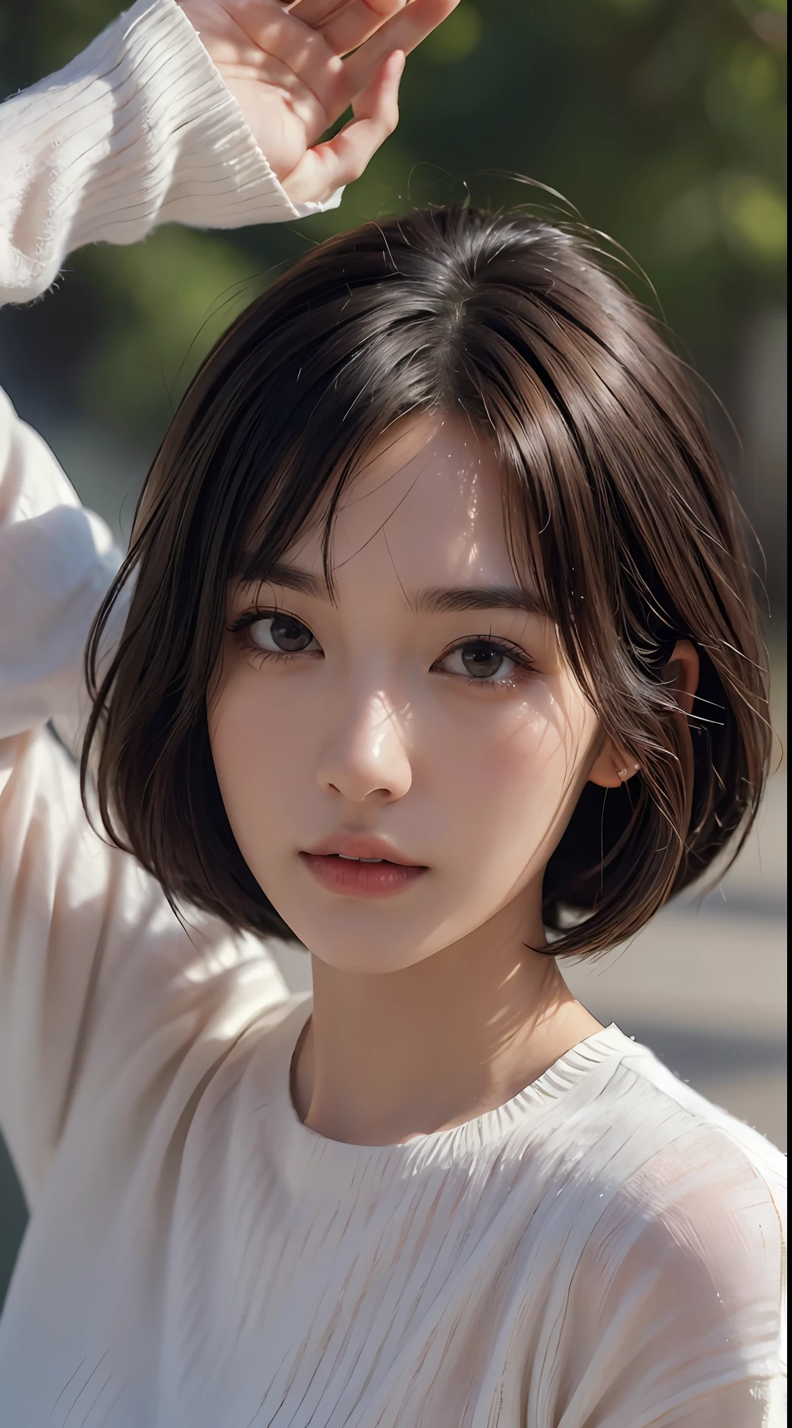 A close up of a woman with a white shirt and a black hair - SeaArt AI