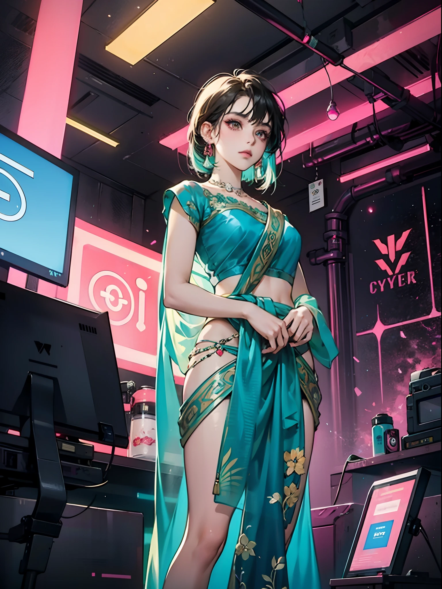 Indian girl wearing sari with cyber punk look and neon lights