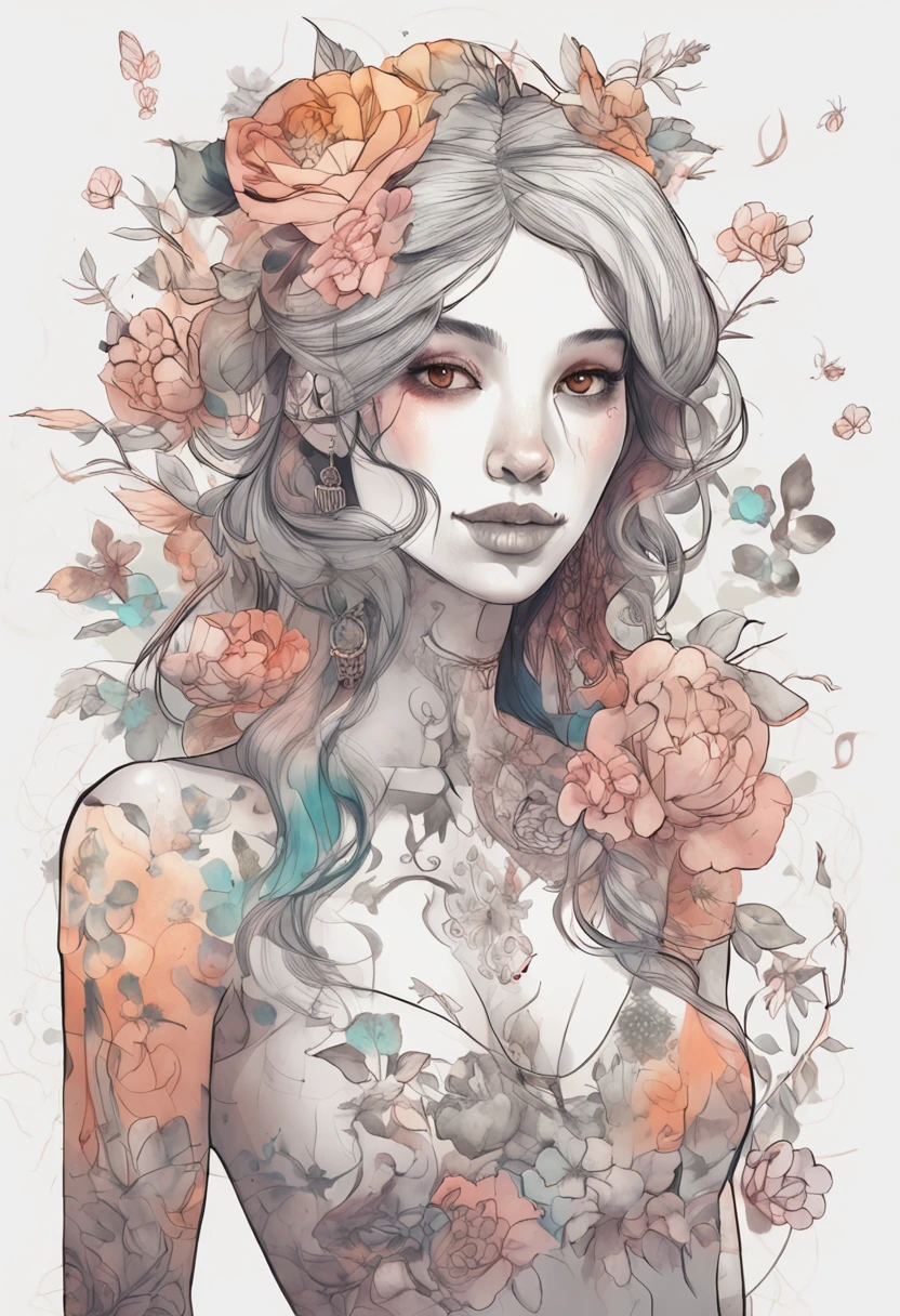 Design a skeleton girl style character: A young white woman with long black hair, Decorated with watercolor flowers. She should have wide hips, Small waist, and modest busts, Keep the cartoon charm. Create random poses, Use watercolors and pastel colors for non-anime, Unrealistic aesthetics. On her body includes Japanese-style cloud tattoos. Render in 4K, Full-body. diverse outfits,More aesthetic charm. The ratio of face to body should follow the golden ratio. Facial details are crucial to her charm.