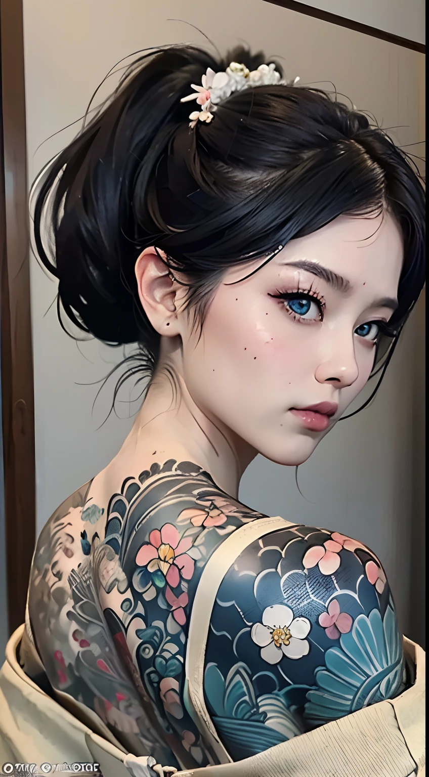 (masterpiece, top quality, best quality, official art, beautiful and aesthetic:1.2),1girl, tattoo, solo, japanese clothes,  hair ornament, unsheathing, black hair, sheath, back tattoo, blue eyes,  off shoulder, bare shoulders, looking back, from behind, flower, looking at viewer,  holding, makeup,
indoor,