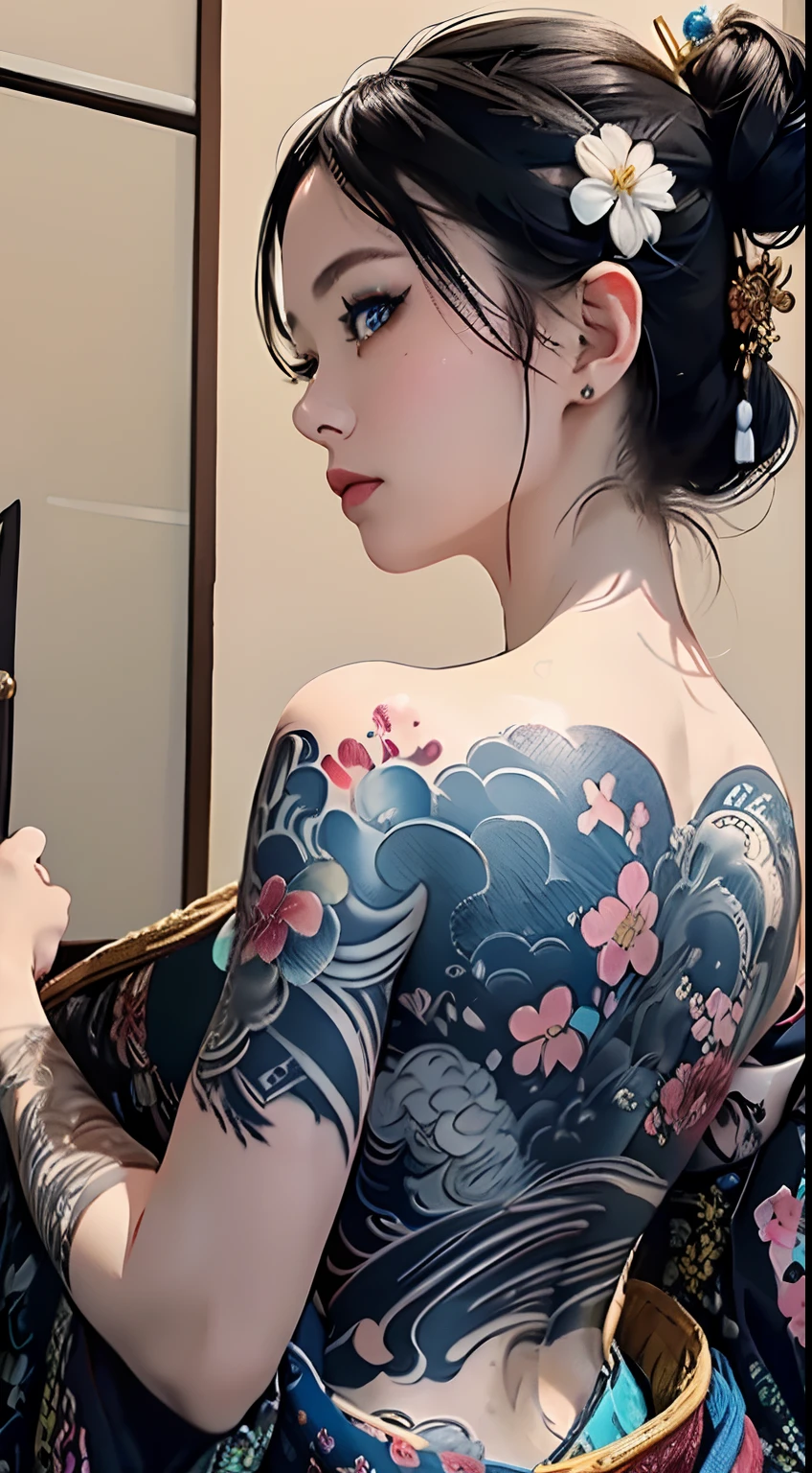 (masterpiece, top quality, best quality, official art, beautiful and aesthetic:1.2),1girl, tattoo, solo, japanese clothes,  hair ornament, unsheathing, black hair, sheath, back tattoo, blue eyes,  off shoulder, bare shoulders, looking back, from behind, flower, looking at viewer,  holding, makeup,
indoor,