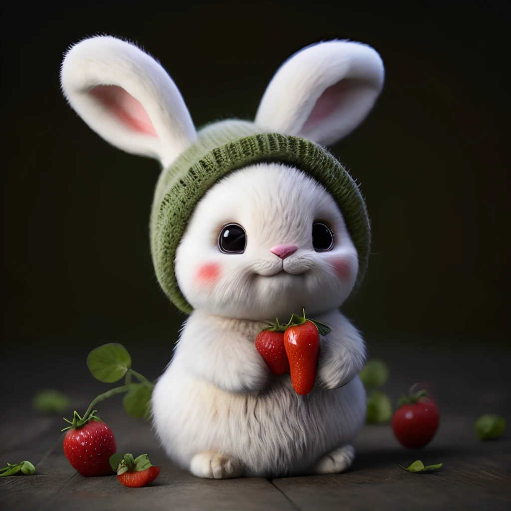 : 3. bunny, realistic, furry animal, apple, black eye, blush, cherry, food, fruit, full body, hat, non-human, strawberry, tomato, watermelon