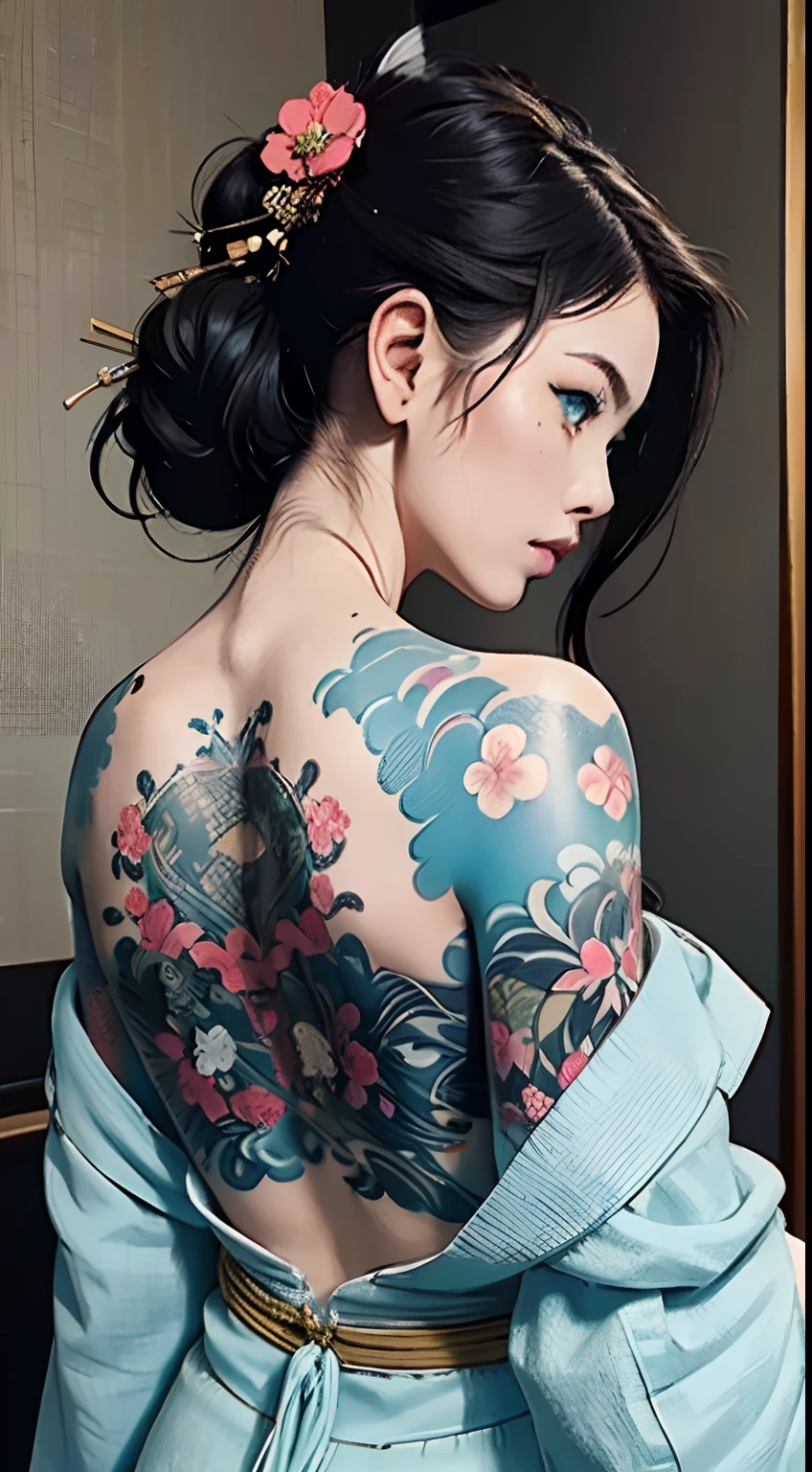 (masterpiece, top quality, best quality, official art, beautiful and aesthetic:1.2),1girl, tattoo, solo, japanese clothes,  hair ornament, unsheathing, black hair, sheath, back tattoo, blue eyes,  off shoulder, bare shoulders, looking back, from behind, flower, looking at viewer,  holding, makeup,
indoor,