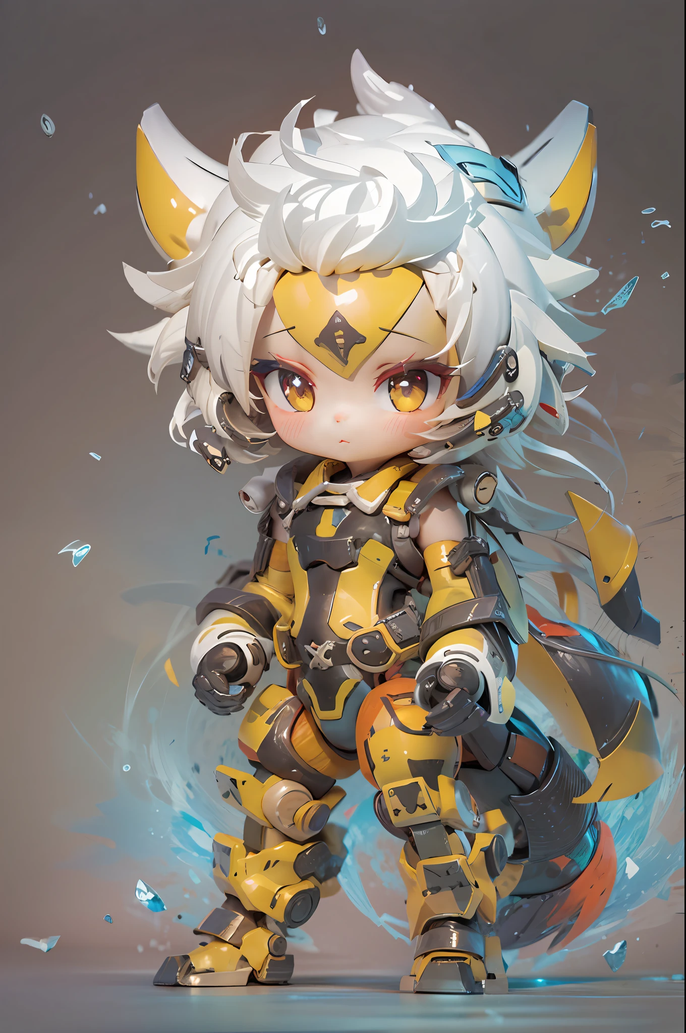 (1 robot boy:1.2),(Machinary:1.3),(mythological creatures:1.2),beast,(White hair:1.2),(yellow clothing:1.2),Fluffy,(beautfully face:1.2),gradient colors((best qualtiy)),((Masterpiece)),(offcial art,Beauty and aesthetics:1.2),depth of fields,composition(full bodyesbian:1.2),(tchibi:1.2),(beautiful and detailed eye:1.3),Long tail,(rainbow-candy:0.8),full bodyesbian，jj,  Black background，yin yang，chibi, full bodyesbian