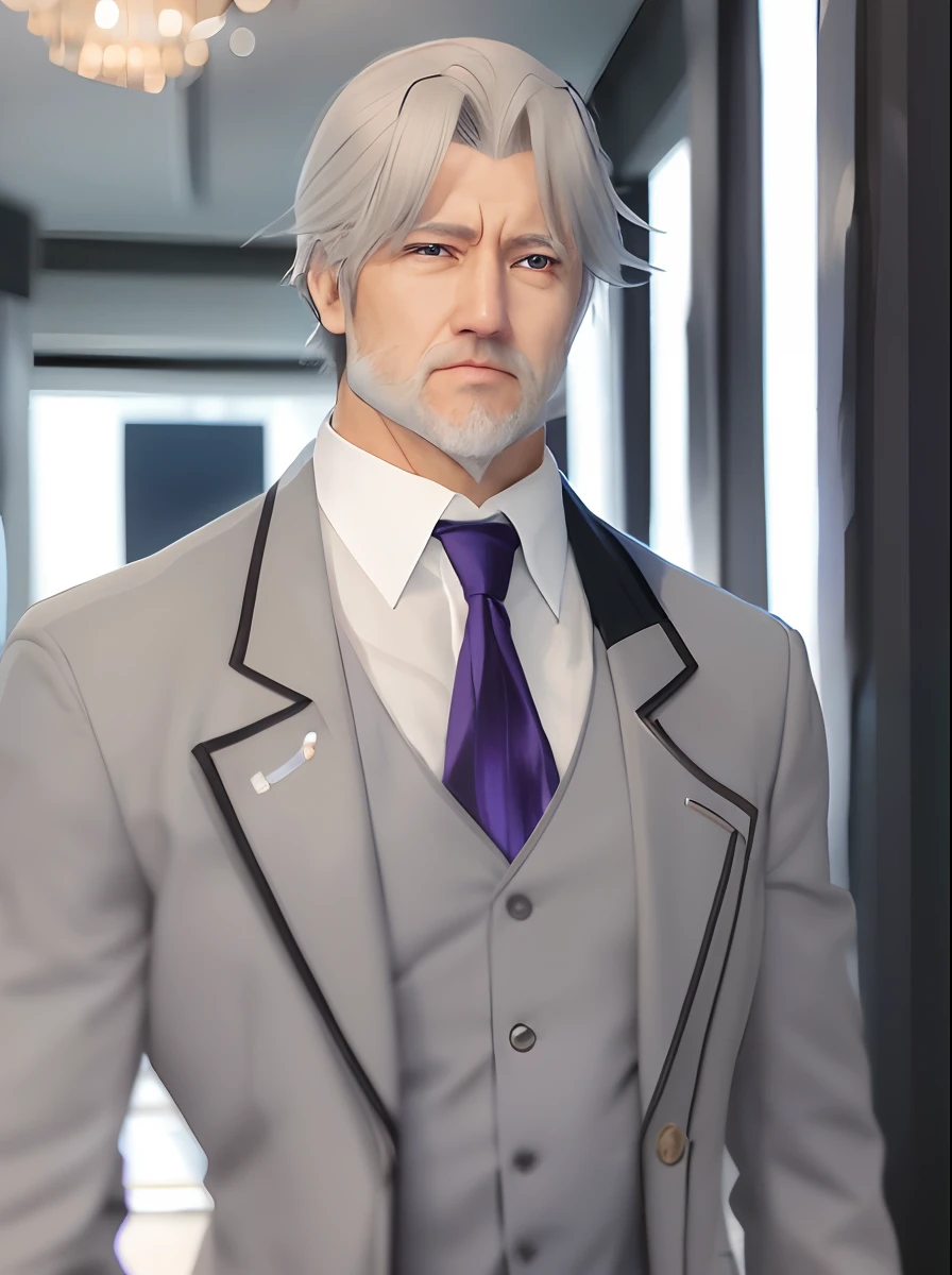 a close up of a man in a suit and tie standing in a hallway, joe biden as an anime villain, he has light grey hairs, in the anime film, hajime yatate, anime joe biden, hijikata toushirou, an angry muscular army general, male anime character, anime handsome man, a silver haired mad, as an anime character, holding a karambit in his hand