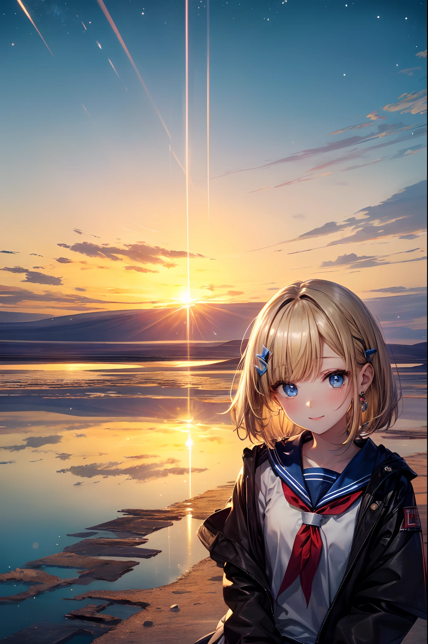 absurderes, (独奏:1.5,)ultra-detailliert,bright colour, extremely beautiful detailed anime face and eyes, view straight on, ;D, shiny_skin,25 years old, Short hair, , asymmetrical bangs, Blonde hair with short twin tails, Shiny hair, Delicate beautiful face, red blush、(Blue eyes), White skin, hair clips, earrings,  a sailor suit,Plaidskirt、(Salar de Uyuni:1.3)、starrysky