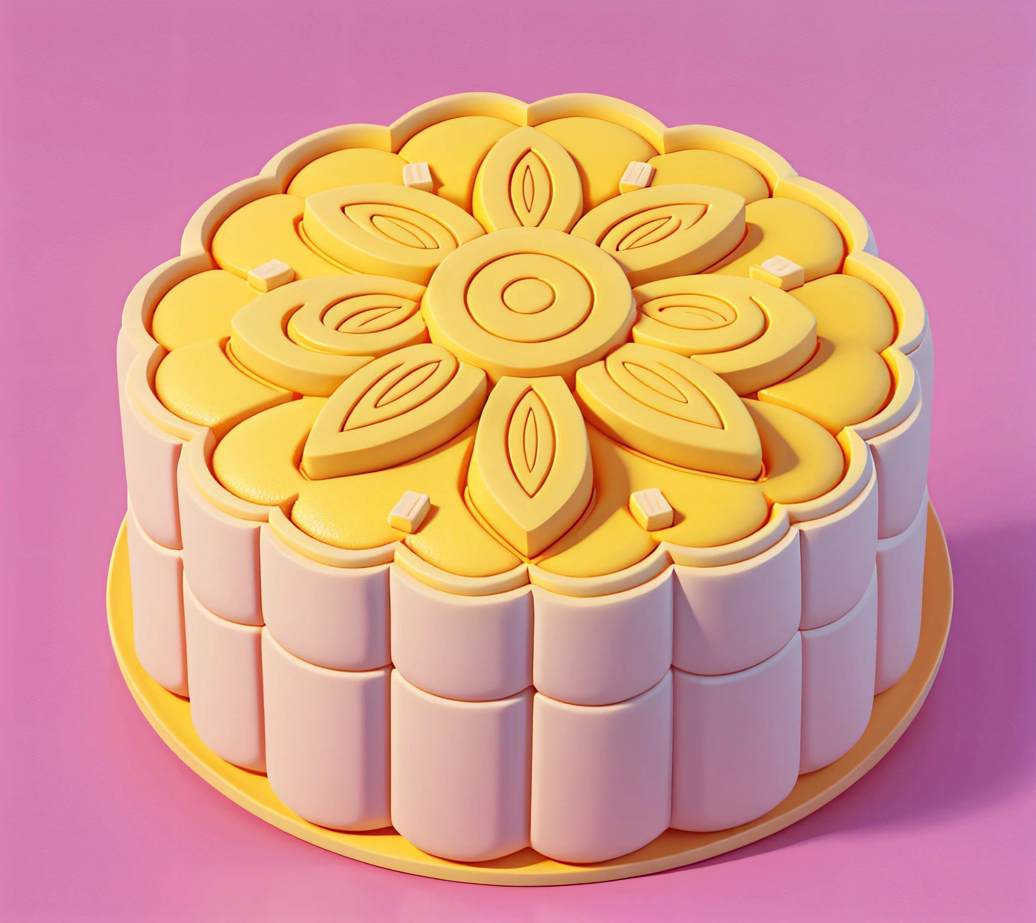 Yellow mooncakes,It has a pattern on it,(white backgrounid),Fine gloss, oc rendered, cinematic textures, mid closeup, high detal,a 3D render,high qulity,best qualtiy,8K