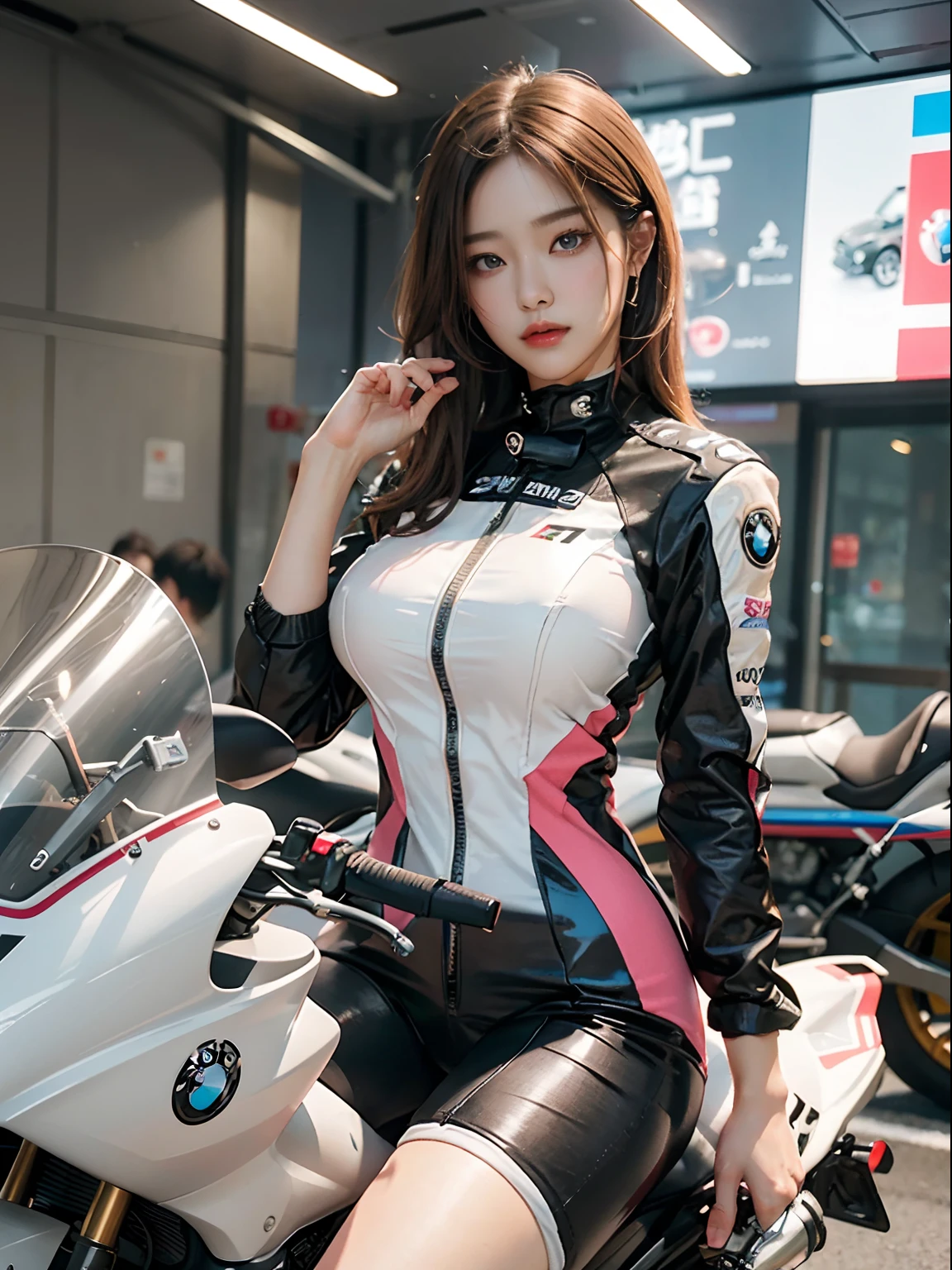 The highest image quality，Excellent detail，超高分辨率，（真实感：1.4），The best illustrations，Favor detail，Cinematic lighting，Highly concentrated，Korean star poster，1girll，exquisite and beautiful face，huge boob，Sexy pink white racing suit，Long hair，Hair flying，Hold the direction controller，(BMW streamlined motorcycle race)，riding a motorcycle，the background is a high-tech lighting scene of the city of the future。Detailed eyes，detailed nose，Detailed lips，Slender thighs，(Ultra-realistic skin texture)，White balance