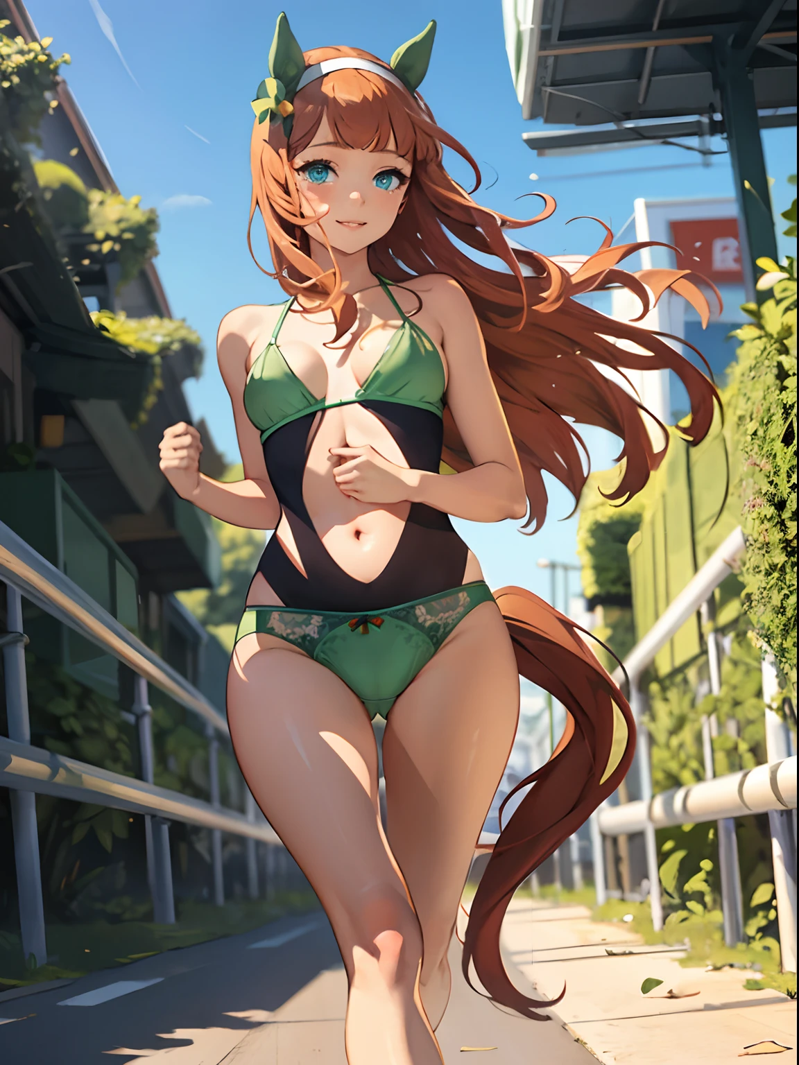 silence suzuka \(umamusume\),(A large-scale masterpiece), Perfect Quality, Perfectly detailed, Computer Graphics Effect, 8k wall paper, beautiful illustration, a beautiful background, dinamic angle, (run:1.3), (one girls), Cyan eyes, beatiful face, Beautiful skin, beautiful breasts, medium breasts,erect nipples,tail, A perfect chest, beatiful face, Beautiful body Realistic body, Beautiful butt, Realistic butt, ((NSFW)), ( from below), happy smile、(micro green panties:1.4),green bikini bra、Background of the racecourse