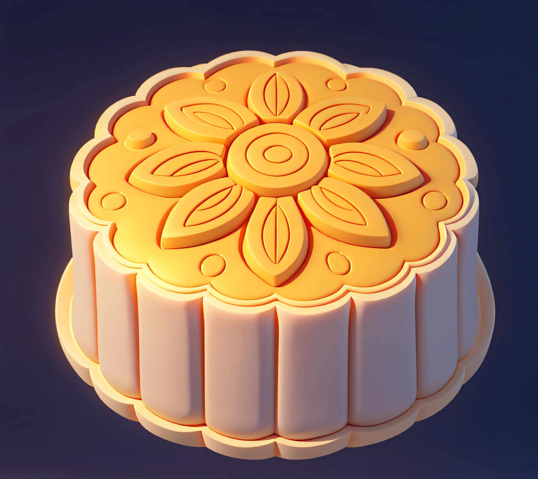 Yellow mooncakes,It has a pattern on it,(white backgrounid),Fine gloss, oc rendered, cinematic textures, mid closeup, high detal,a 3D render,high qulity,best qualtiy,8K