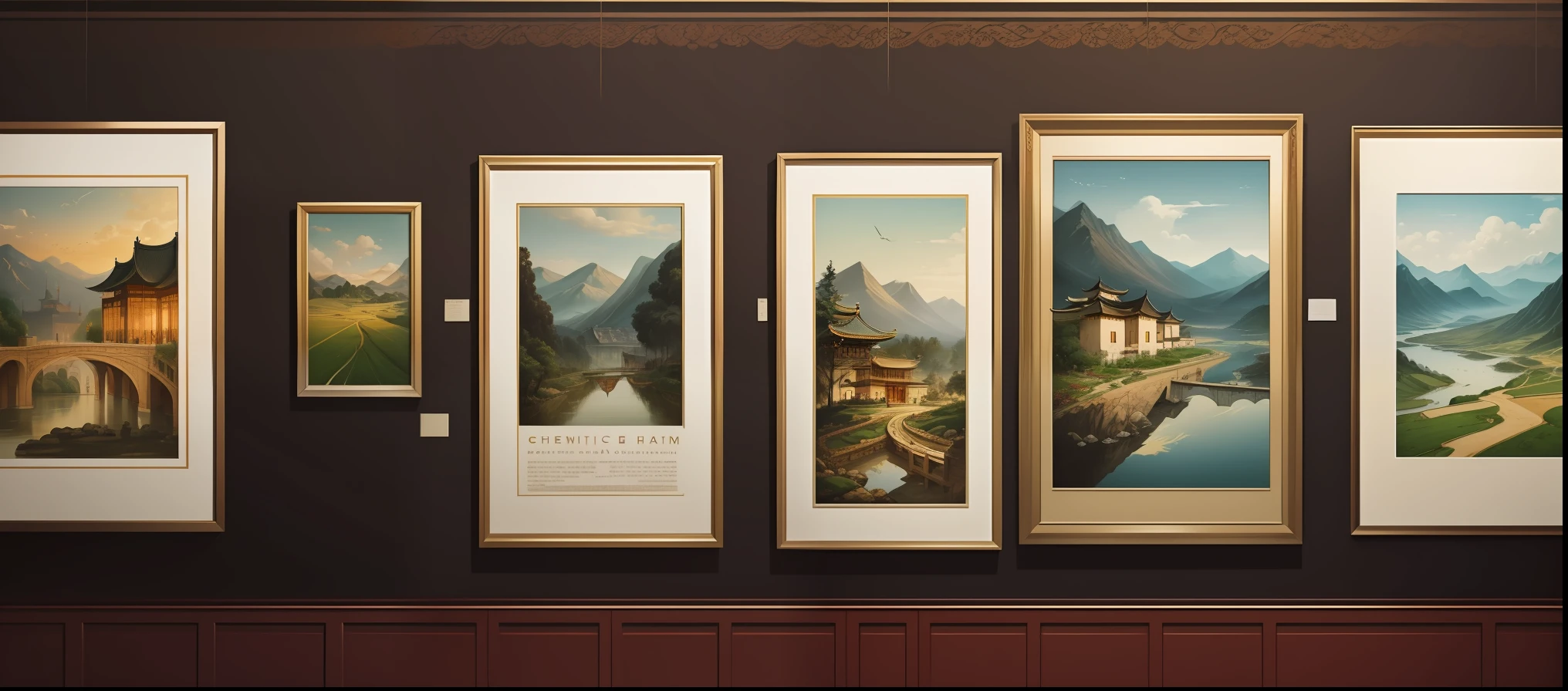Design promotional posters for heritage artwork auctions：With elegance、Literary、The classical style is predominant，In order to convey the sense of the heaviness of traditional culture and the precious value of artworks；The color of the poster is mainly dark brown，Complemented by gold and white，It creates a quaint and elegant atmosphere；The poster design is based on an ancient painting and calligraphy，The calligraphy and paintings depict landscapes，The picture is fresh and elegant，Poetic；Poster requirements：The poster uses high-resolution image material，The picture is clear and delicate，It can better show the charm of cultural relics and artworks。
