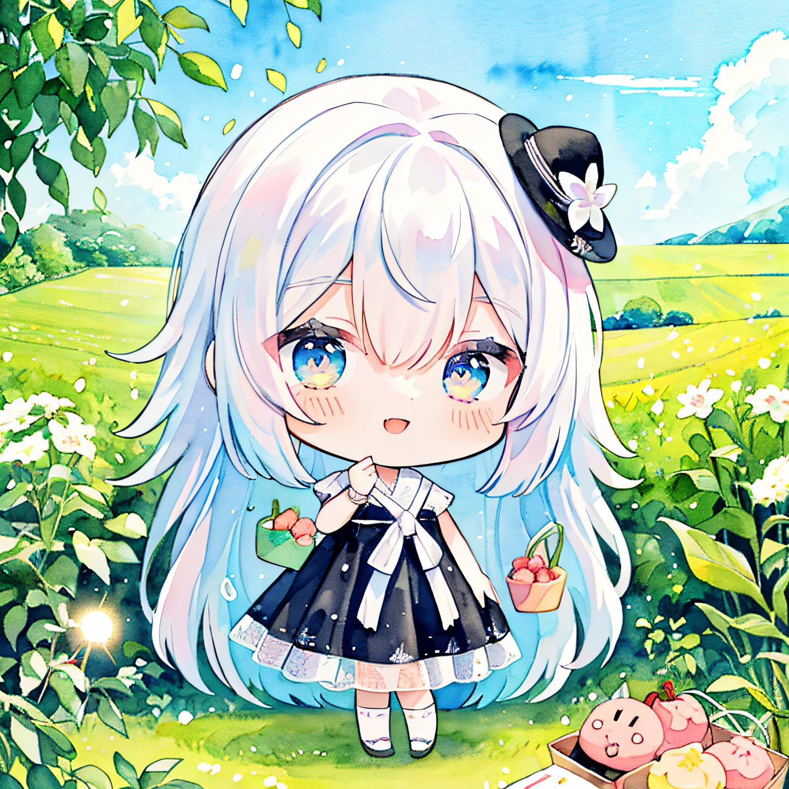 (PastelColors:1.3)、(Cute illustration:1.3)、(watercolor paiting:1.1)、,(Chibi:1.1)
Detailed background、1girl in、Open your mouth and smile、Beautifully detailed、Moya、colourfull、marble、Particles of light、patterns、
Detailed drawing、Vibrant colors、striking contrast、intricate detailes、Delicate depiction、Luminescent、full body Esbian、From the side、Beautiful facial features、Brightly colored eyes、Wearing intricate and delicate ornaments、glowing aura、Radiant hair,Illuminated by the morning light、 Very delicate and beautiful,sharp and strong shiny eyes, Magenta eye color,  Smiling, Dress, knee sox, Lace, Hats woven from straw,、Farmland、 Standing, Plenty of summer vegetables, （Harvesting summer vegetables）