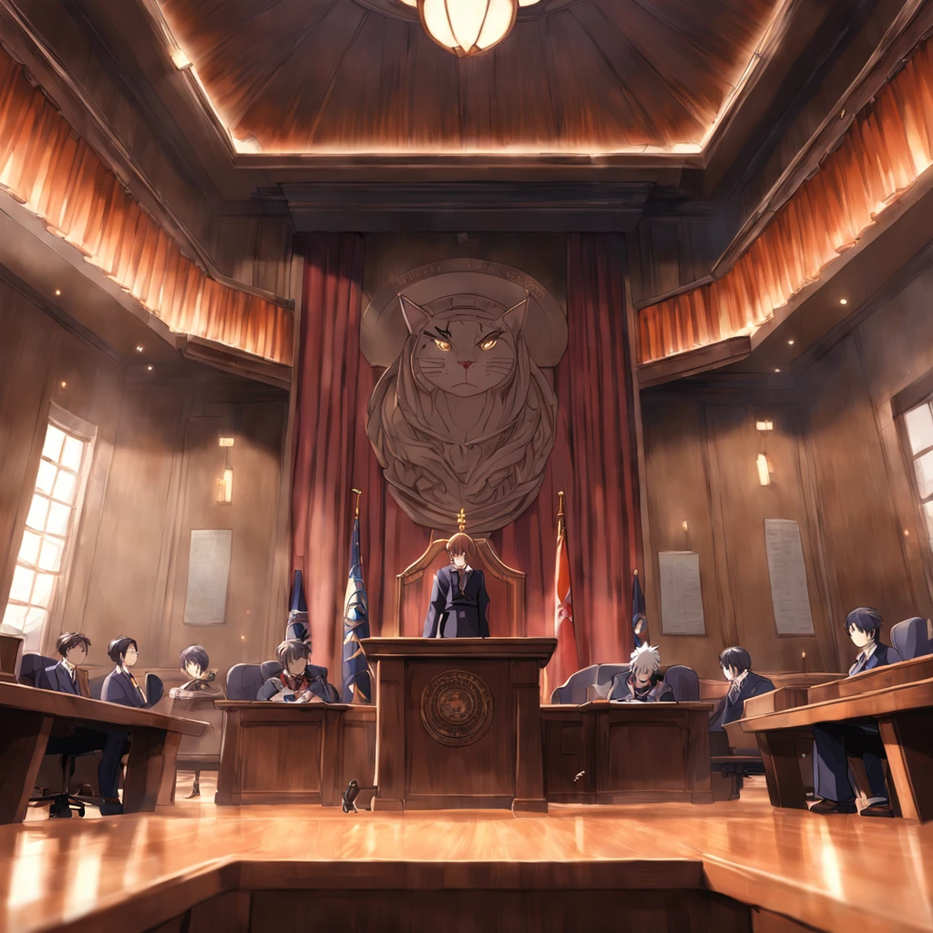 The scene takes place in an imposing courthouse, with a grand hall adorned with classical details and a solemn atmosphere. In the center, the judge sits on an elevated chair, dressed in a black robe and wielding a gavel. In front of the judge are the parties involved in the case, each represented by their respective attorneys, standing at their respective podiums.  On the right side, the defense stands, an experienced and confident lawyer with a firm posture and sharp arguments. They examine their documents, prepared to present their line of defense. On the left side stands the prosecutor, equally determined, with an air of authority and a folder filled with evidence.  The jurors, seated in rows of benches, listen attentively as the attorneys make their arguments. Their expressions reflect the seriousness of the moment, as they know that their decision will have a direct impact on the lives of the people involved in the case.  In the background, anxious and curious observers follow the unfolding of the trial. Some are journalists, ready to record every detail and convey the information to the public. Others are relatives and friends of those involved, waiting for the verdict that will bring justice and relief, or perhaps disappointment and sadness.  The atmosphere is tense, with emotions running high, as the parties present their arguments and evidence, striving to persuade the jurors and achieve victory in their respective cases.  This scene captures the essence of the legal environment, filled with tension, arguments, and the pursuit of truth. An image created based on this description can convey the seriousness and importance of legal proceedings, arousing the interest and curiosity, of viewers, realistic --auto --s2
